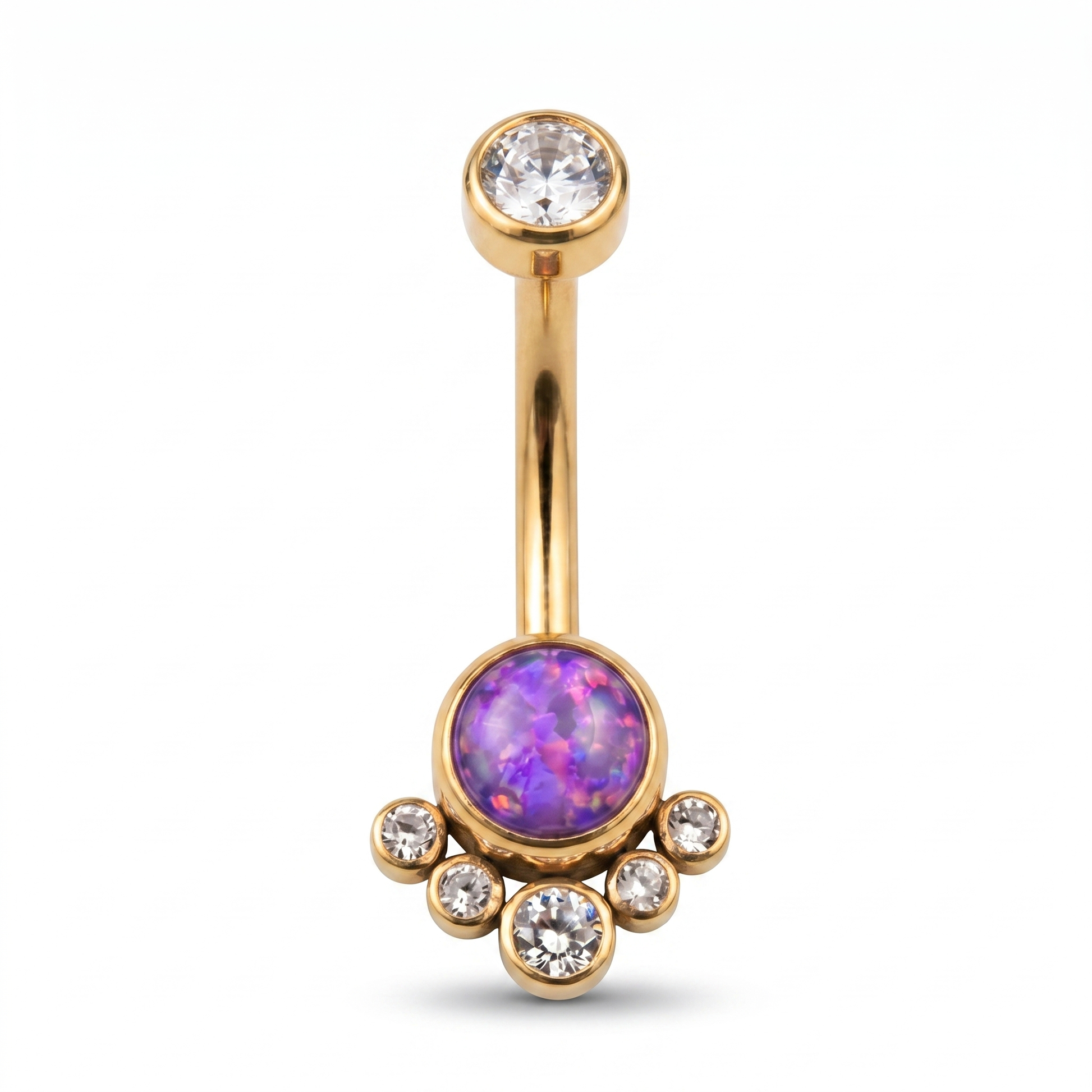Opal Cluster belly button ring in purple opal gold — white background packshot, G23 titanium 14G