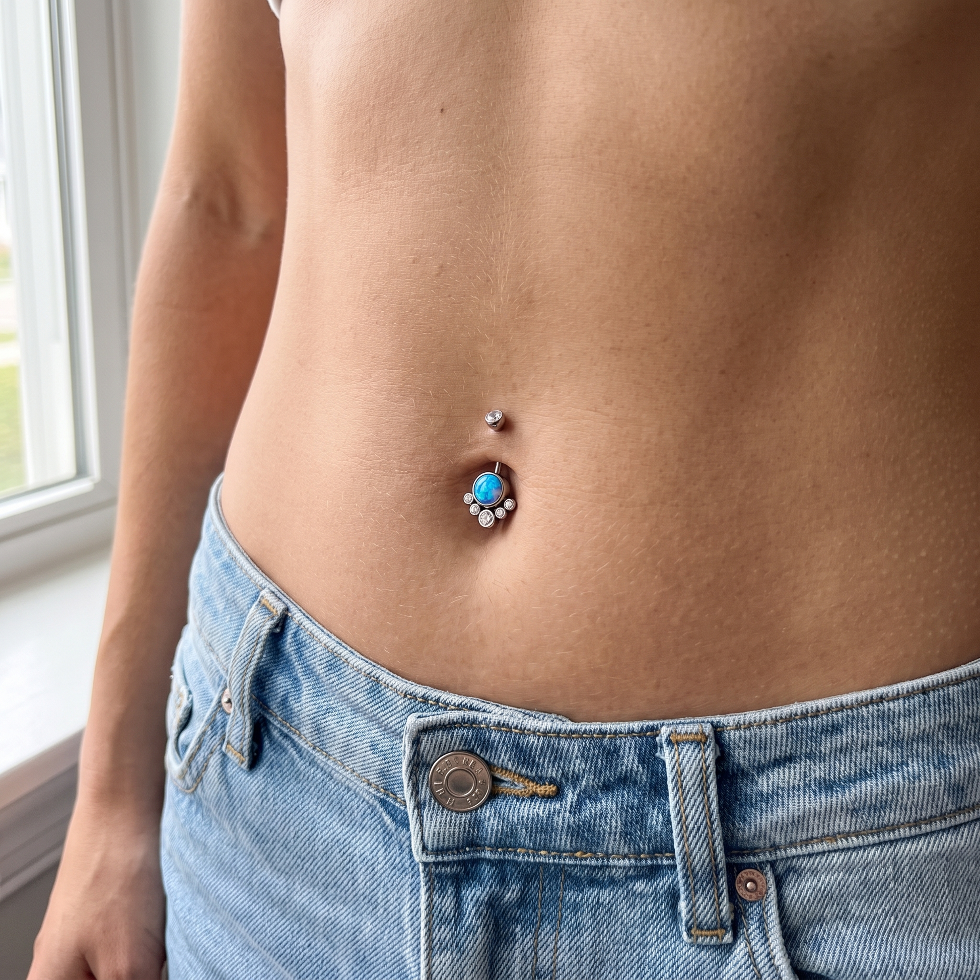 Opal Cluster belly button ring in blue opal silver worn on model — implant-grade G23 titanium 14G