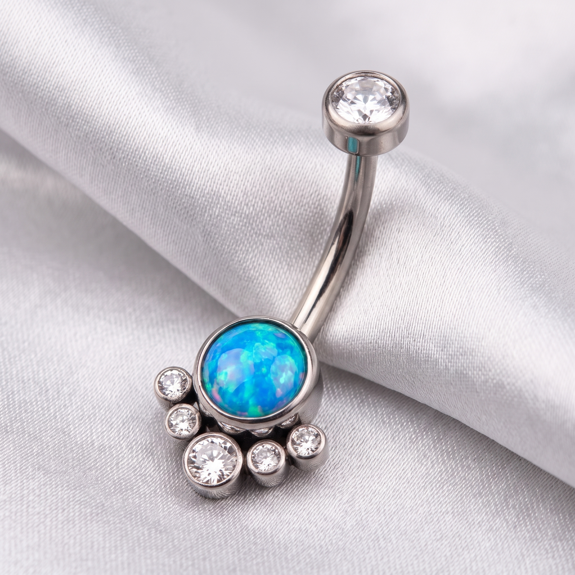 Opal Cluster belly button ring in blue opal silver on champagne satin — G23 titanium 14G