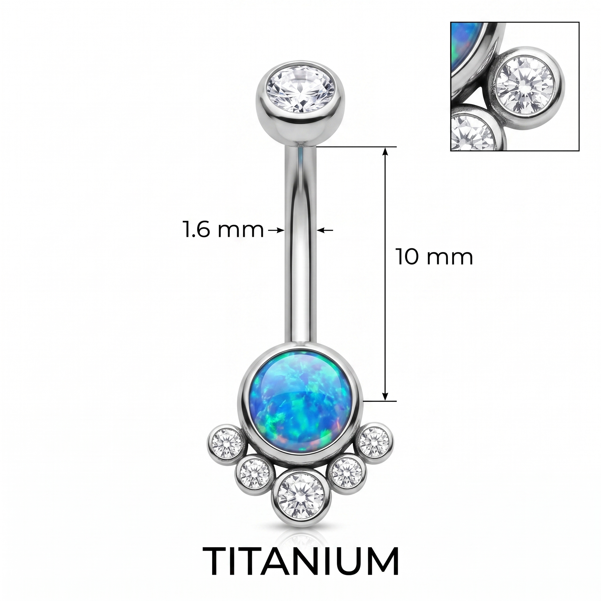 Opal Cluster belly button ring size chart — blue opal silver, 14G 1.6 mm titanium