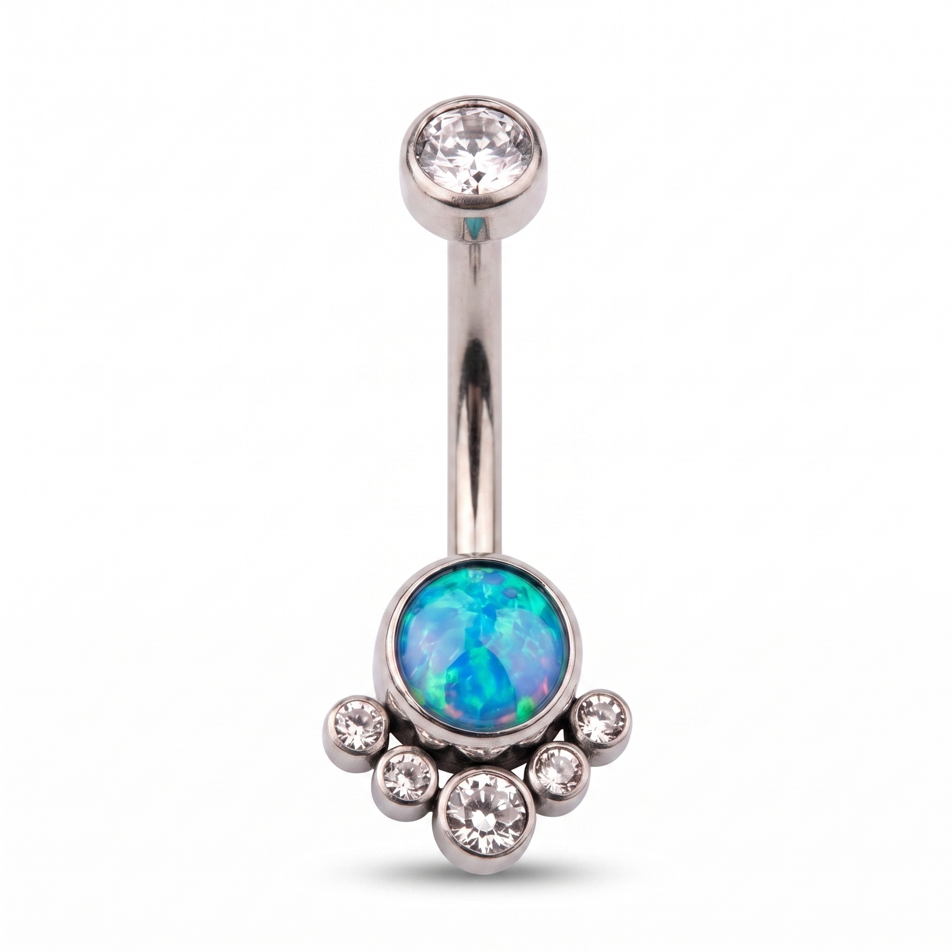 Opal Cluster belly button ring in blue opal silver — white background packshot, G23 titanium 14G