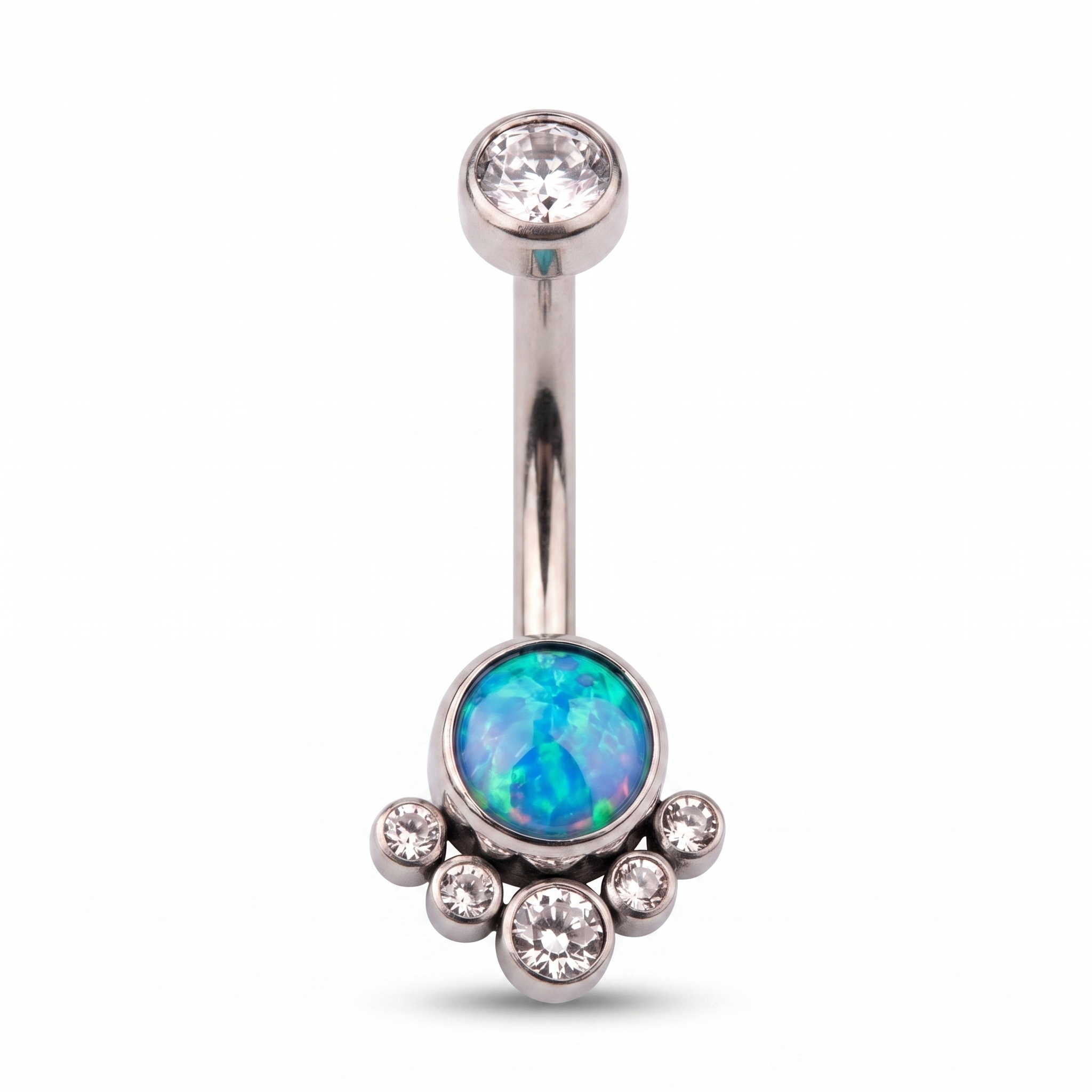 Opal Cluster belly button ring in blue opal silver — white background packshot, G23 titanium 14G