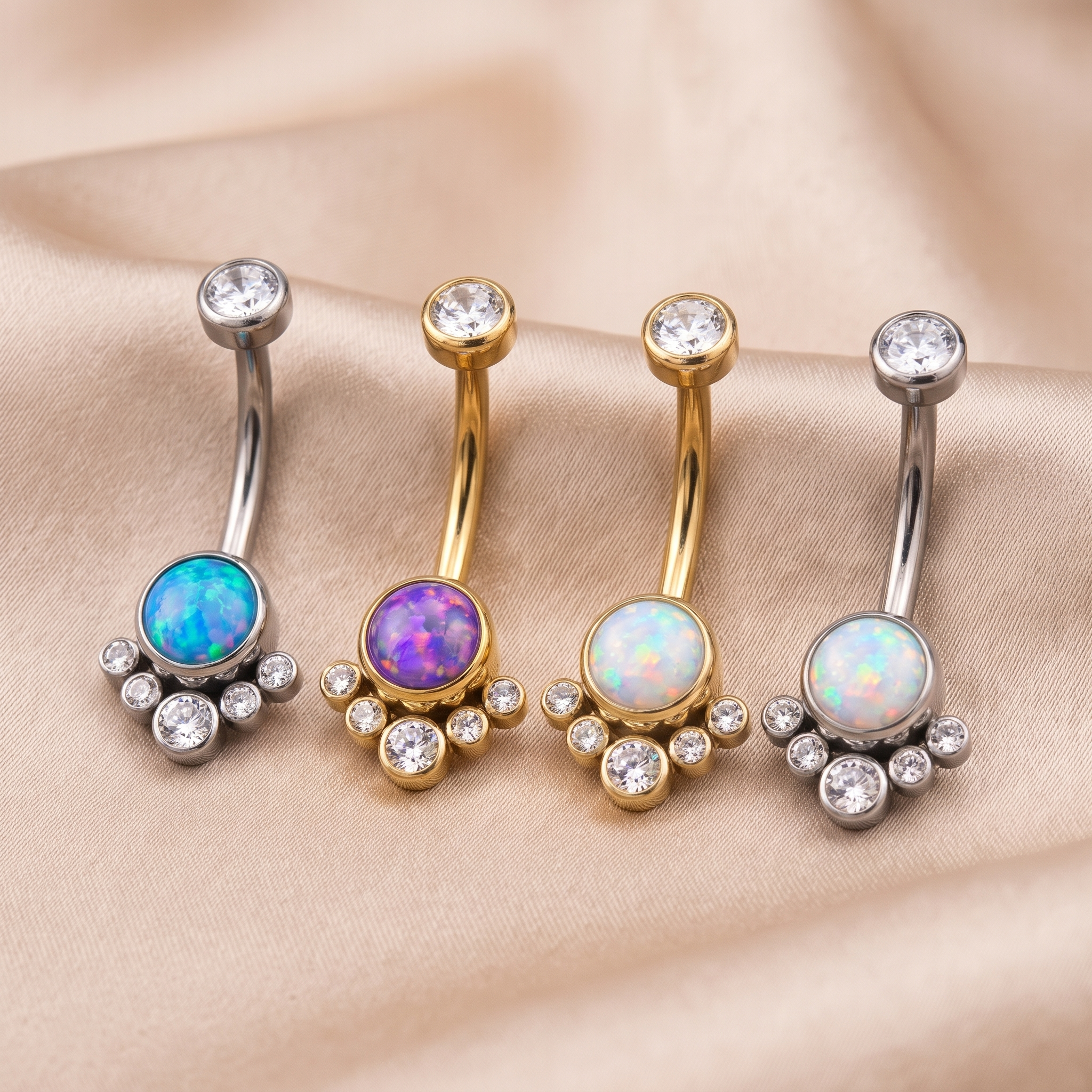 All color options of the Opal Cluster belly button ring on satin — G23 titanium 14G