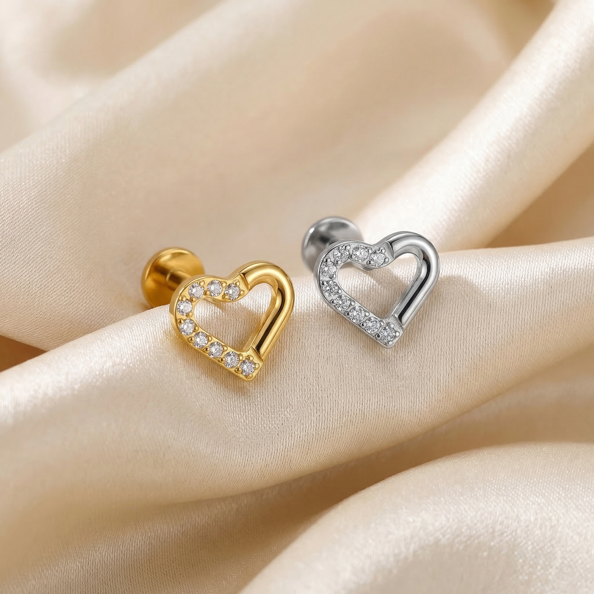 Cartilage Ear Piercing Earrings - Gold and silver open heart