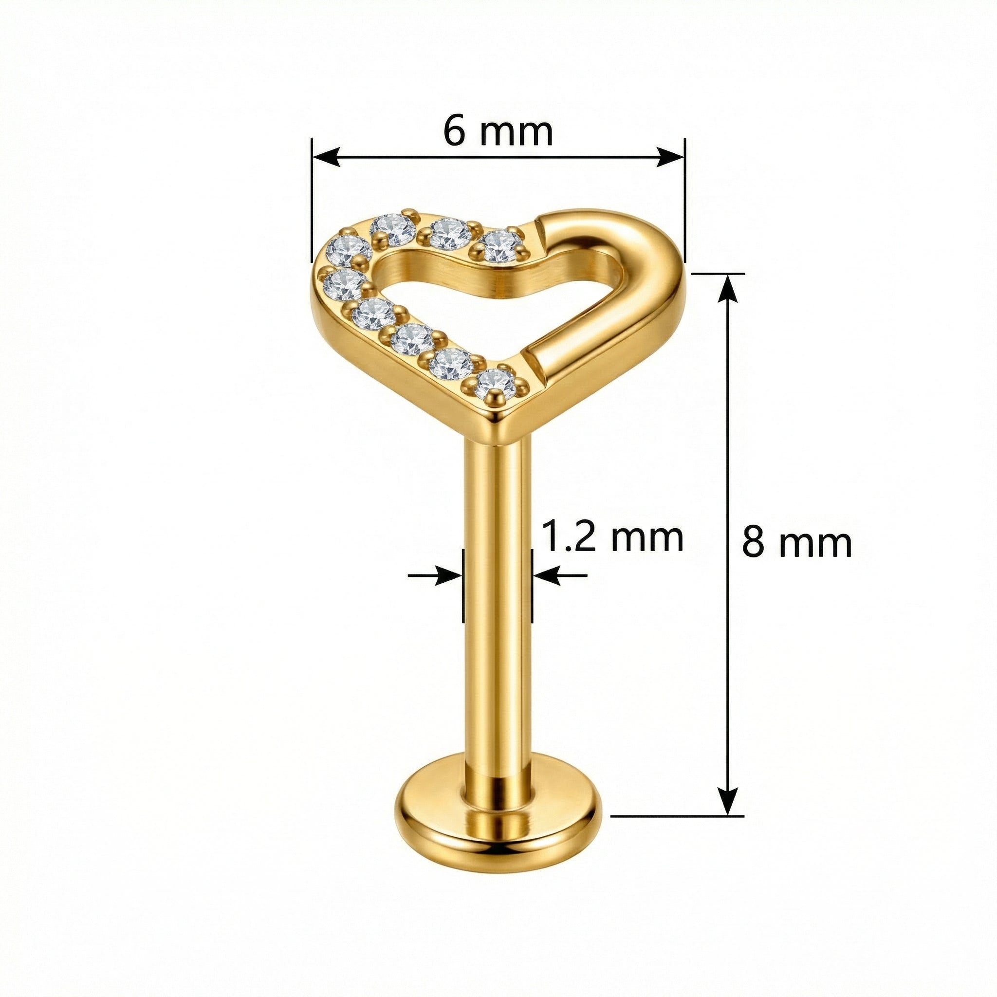 Cartilage Ear Piercing Earrings - Size chart diagram for gold open heart