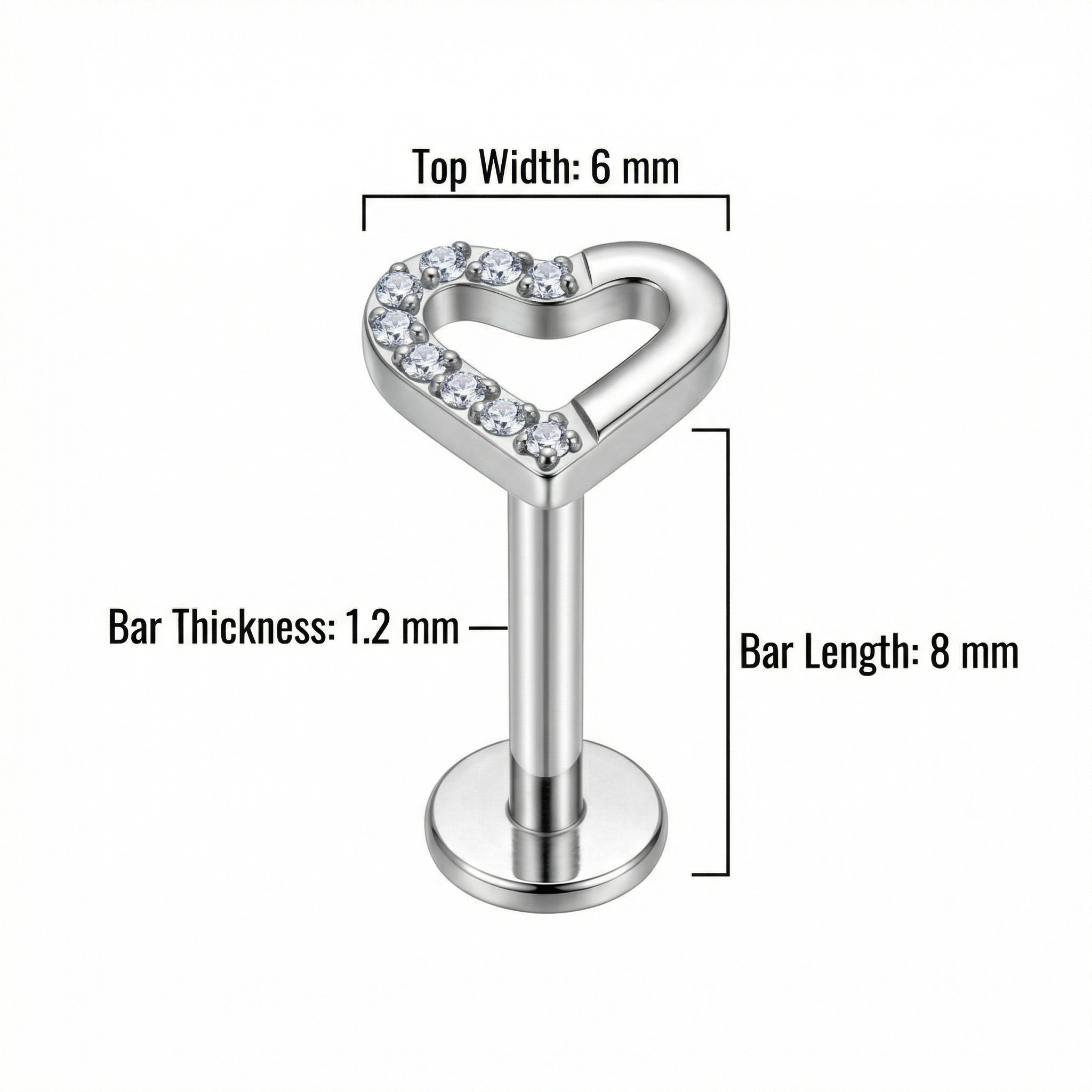 Cartilage Ear Piercing Earrings - Size diagram for silver