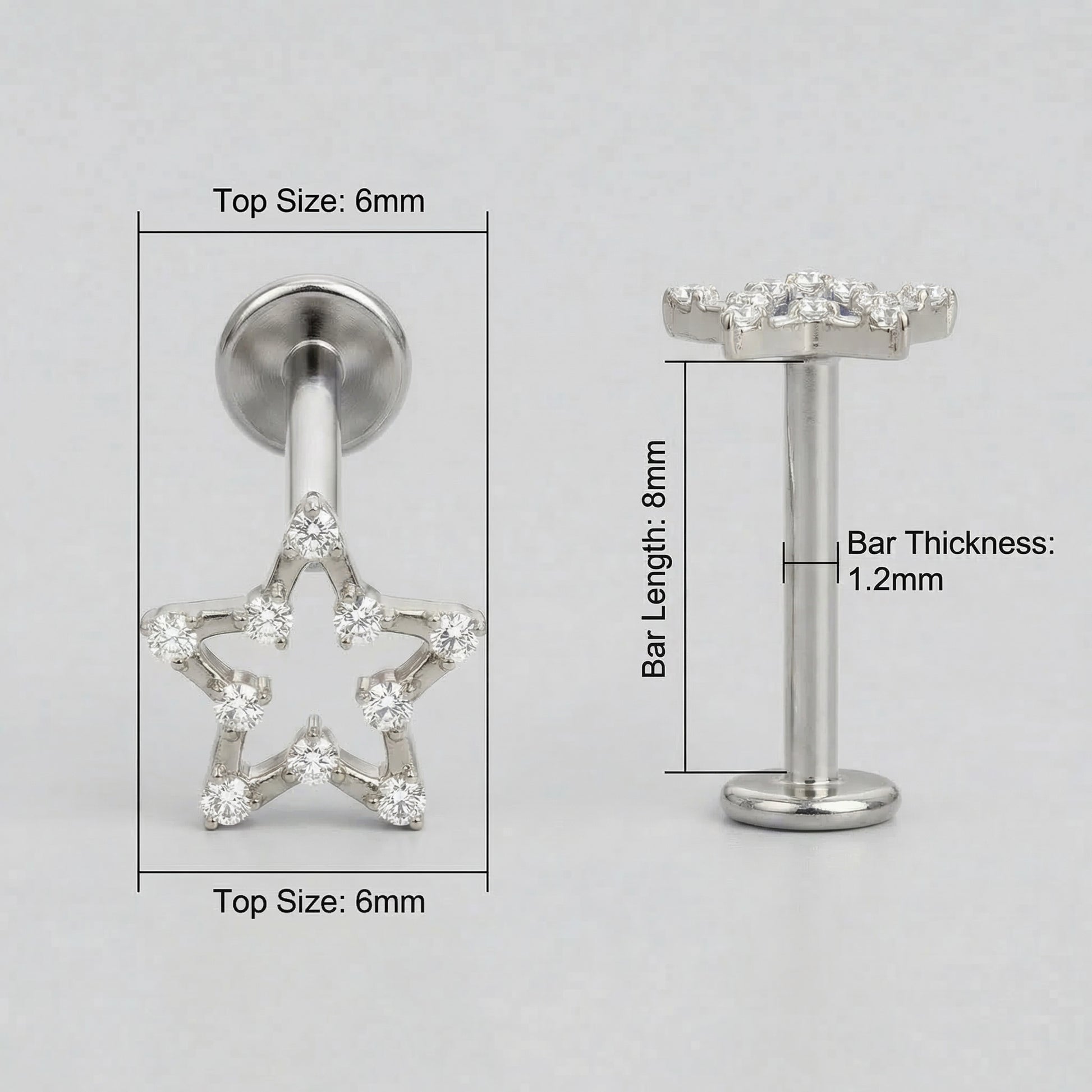 Diagram showing 6mm bar measurements for the silver celestial cartilage stud.