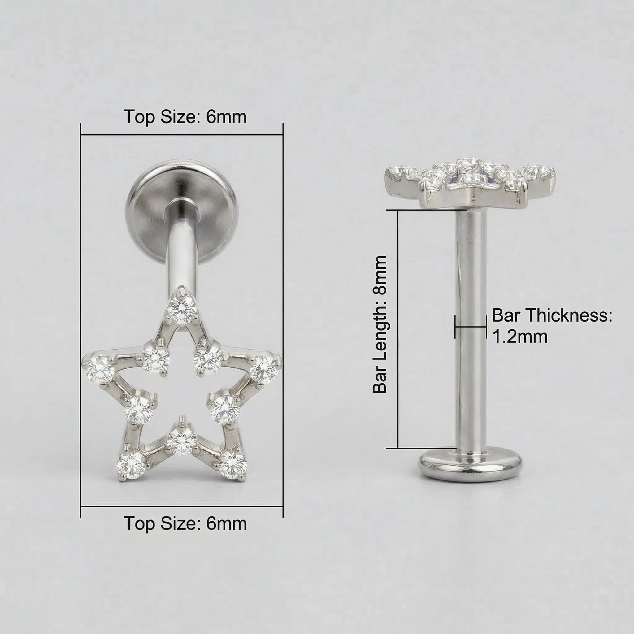 Diagram showing 6mm bar measurements for the silver celestial cartilage stud.