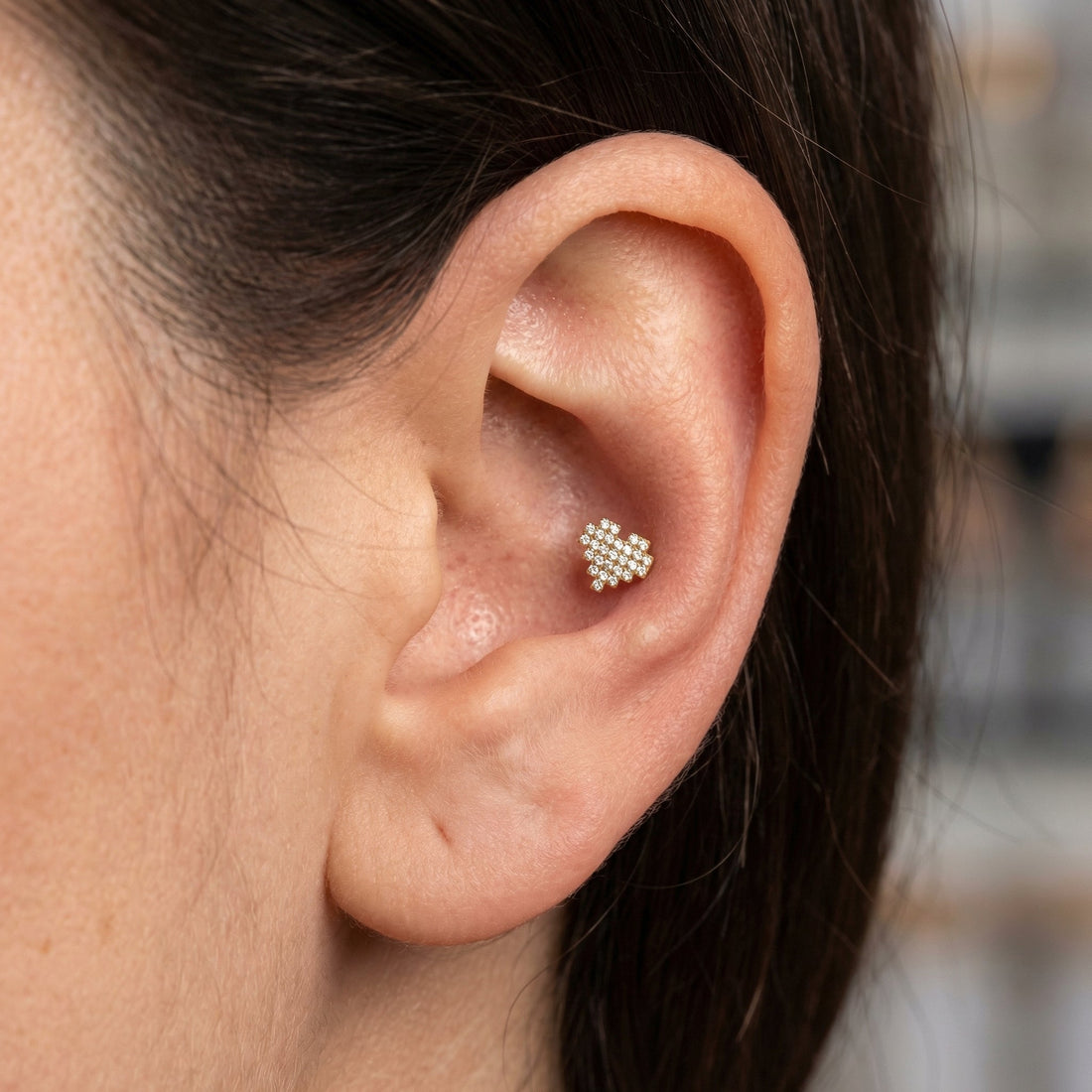 Silver paved heart zircon stud — conch jewelry placement