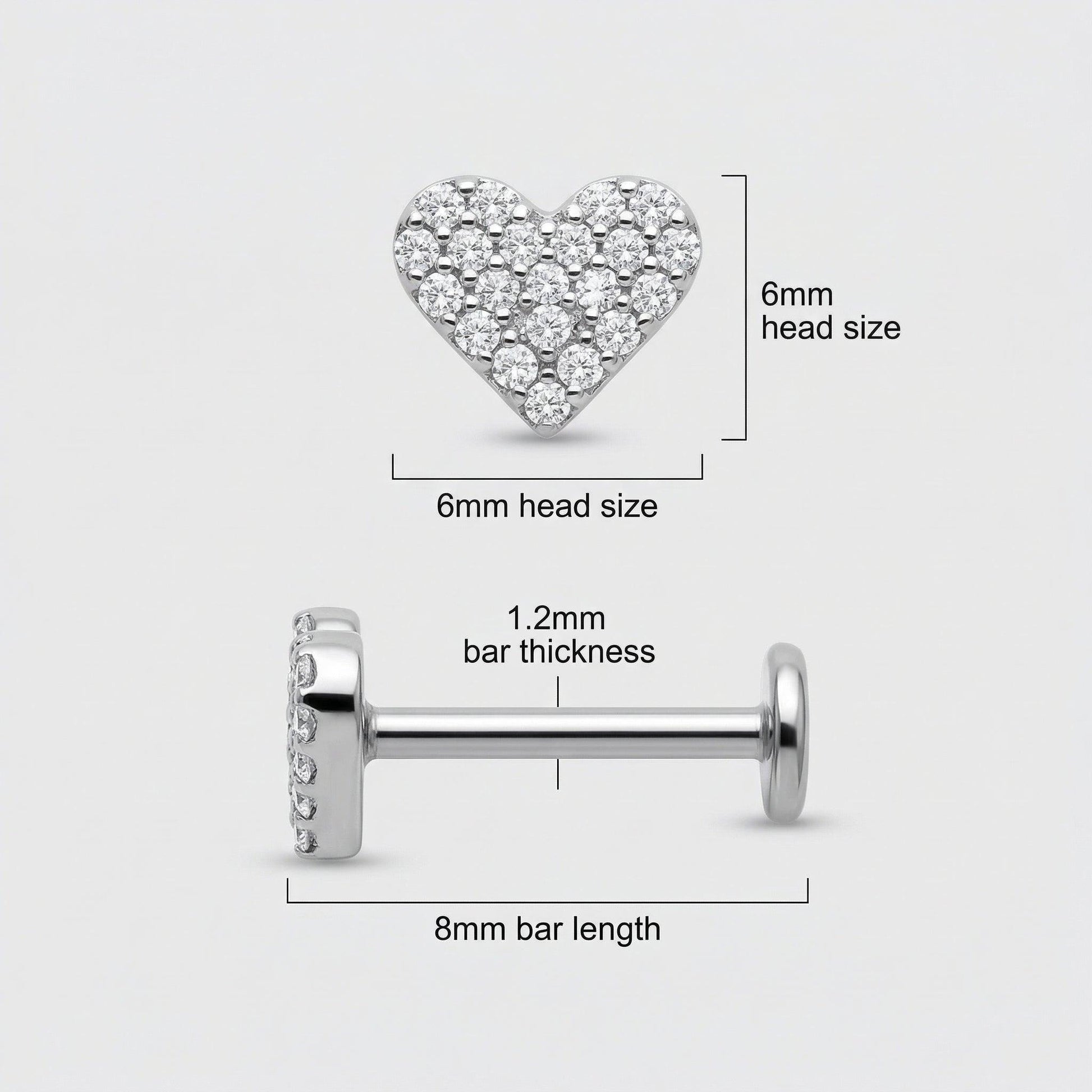 Paved Front Helix Piercing - Size diagram for silver