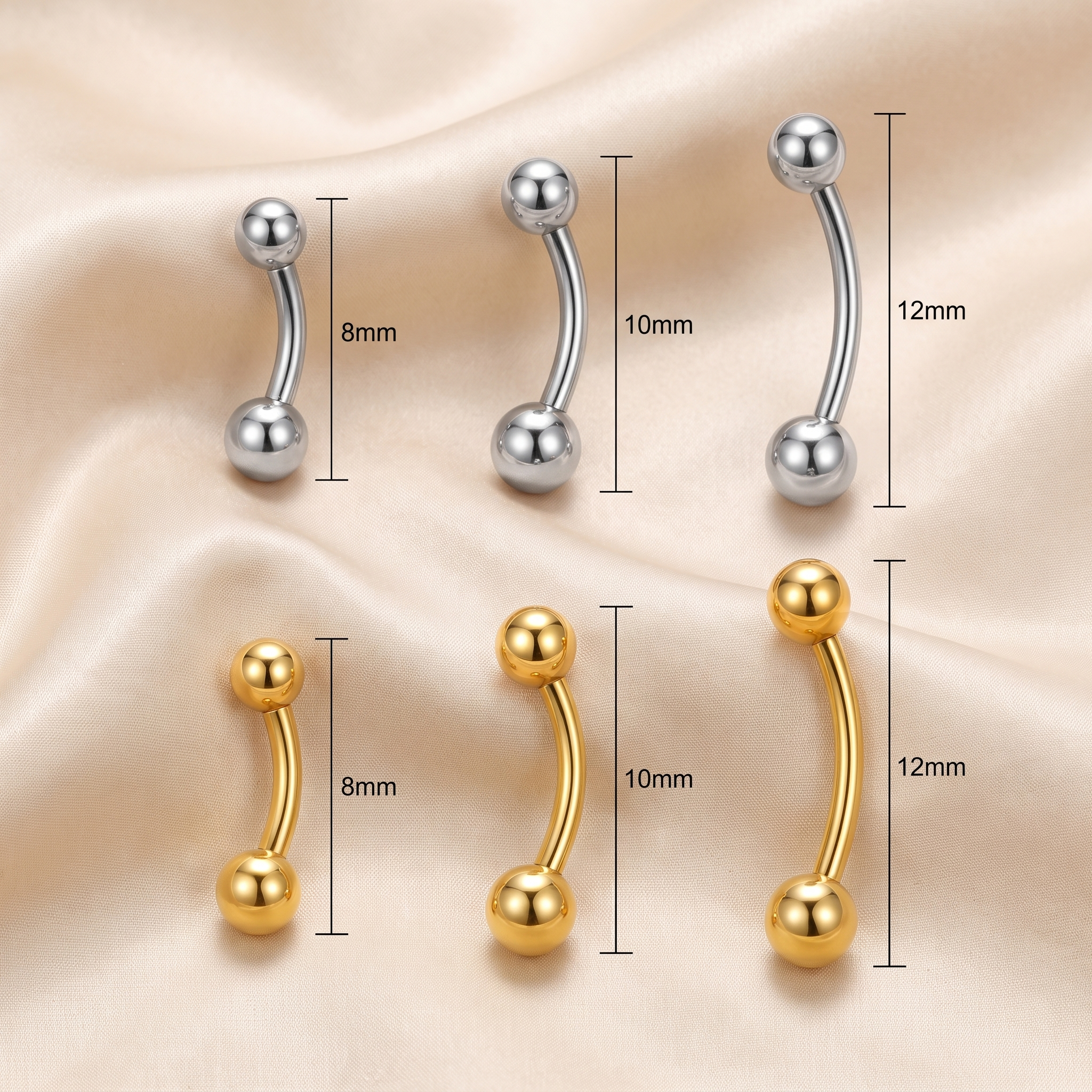 Petite Ball belly button ring size chart — 14G 1.6 mm implant-grade titanium