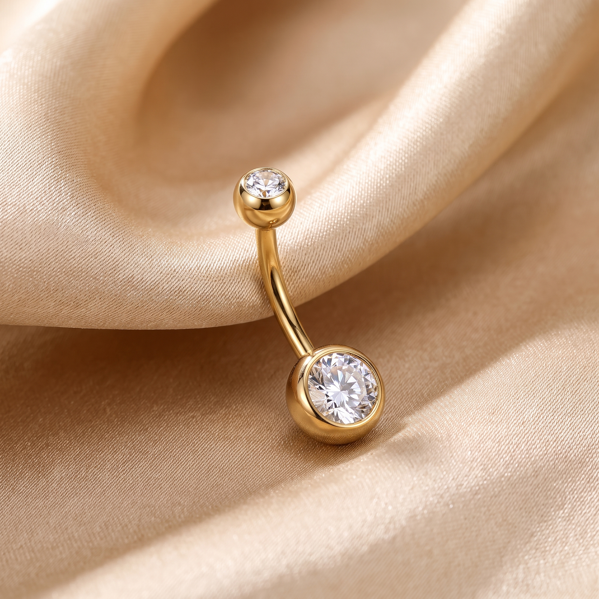 Petite Double Gem belly button ring in gold 8 mm on champagne satin — G23 titanium 14G