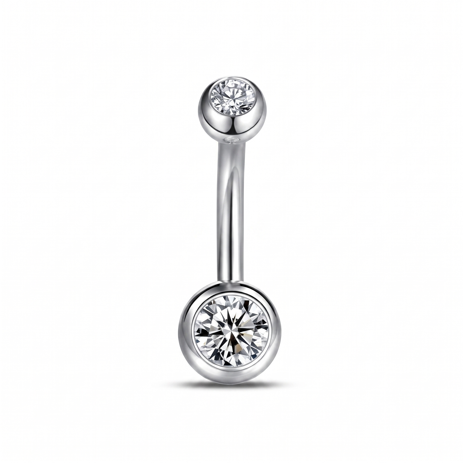 Petite Double Gem CZ belly button ring in silver 10 mm — white background packshot, G23 titanium 14G