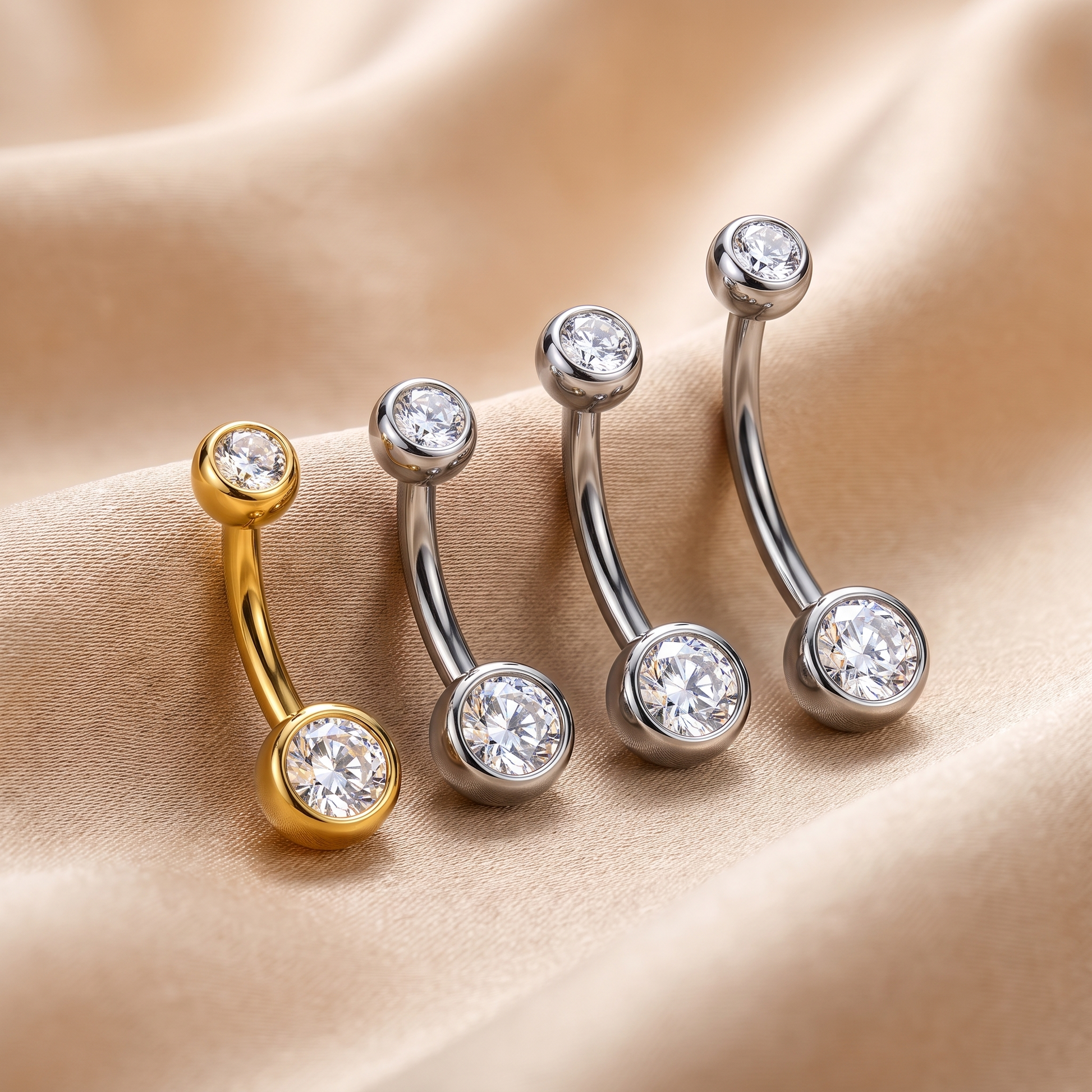 All color options of the Petite Double Gem belly button ring on satin — G23 titanium 14G