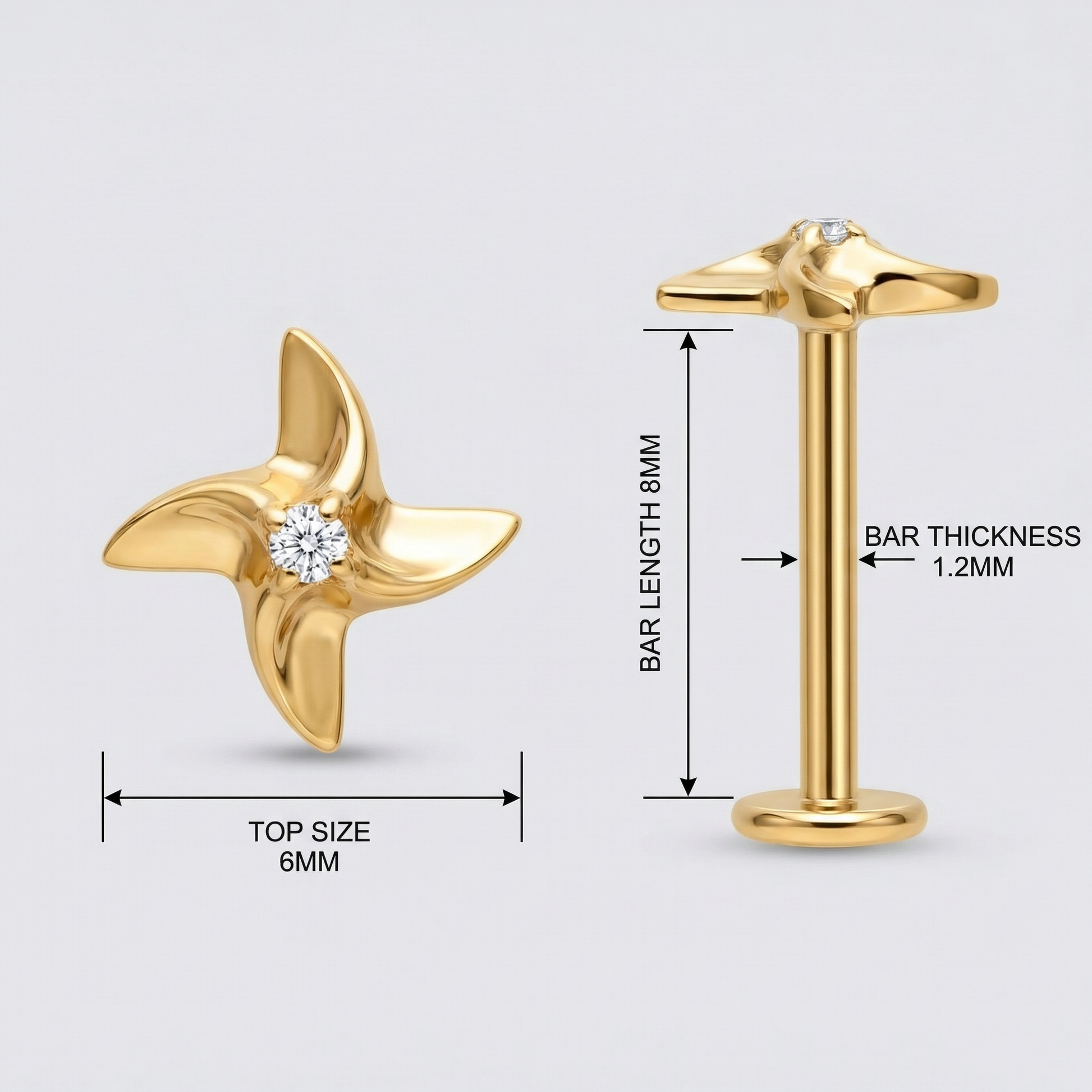 Diagram showing sizing and measurements for the gold pinwheel piercing stud.