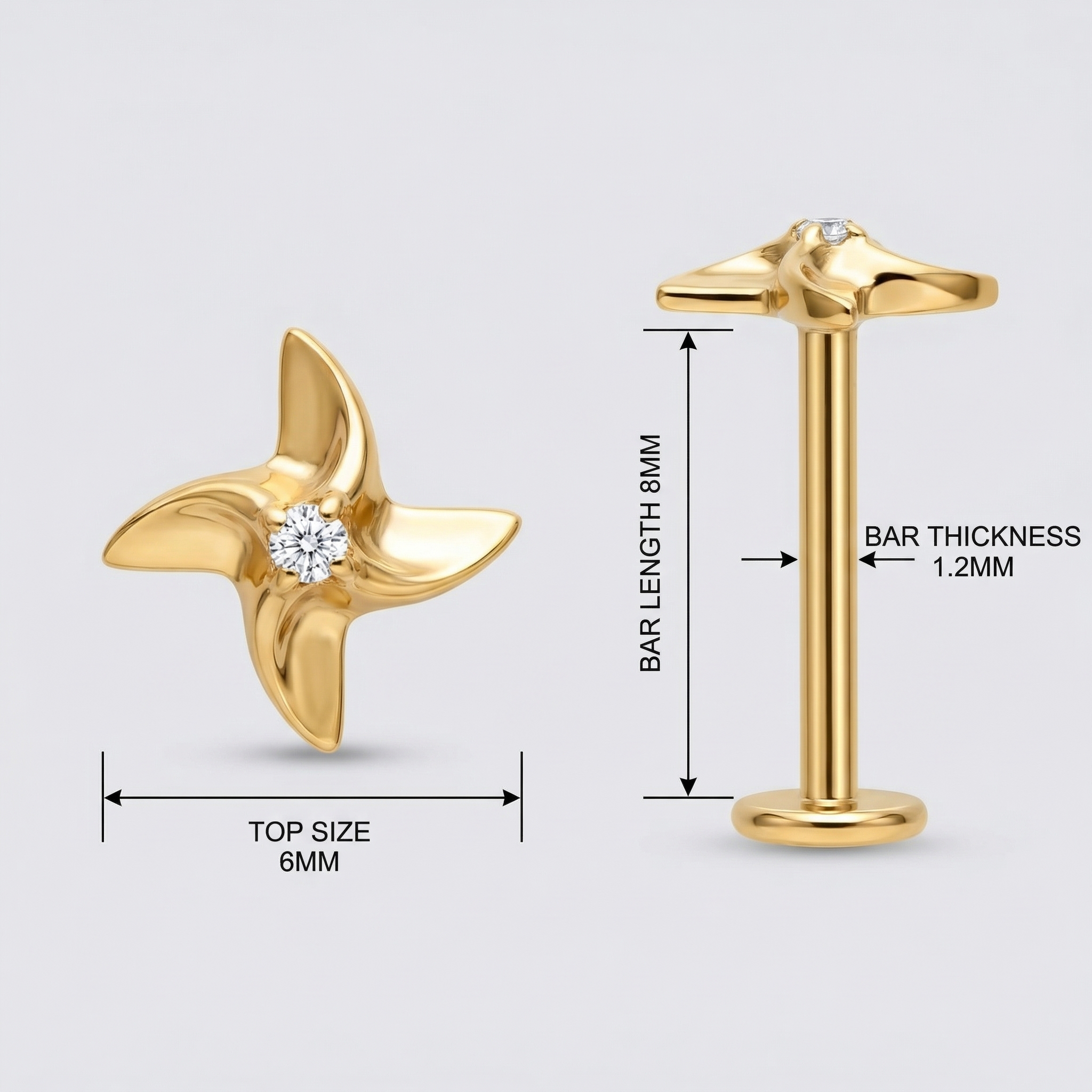 Diagram showing sizing and measurements for the gold pinwheel piercing stud.