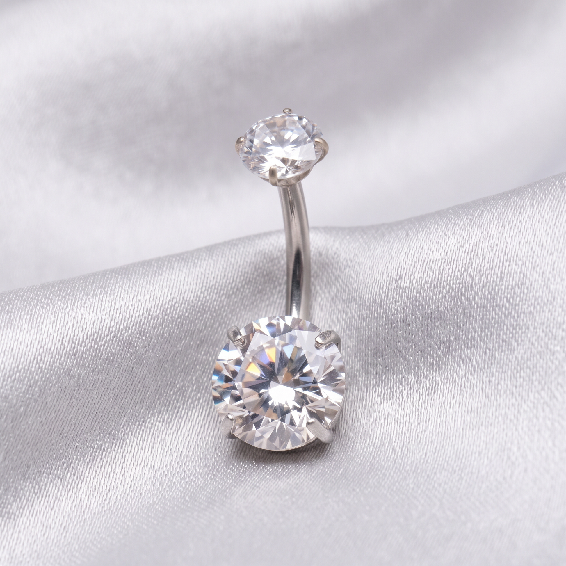 Prong-Set Gem belly button ring in silver crystal on champagne satin — G23 titanium 14G