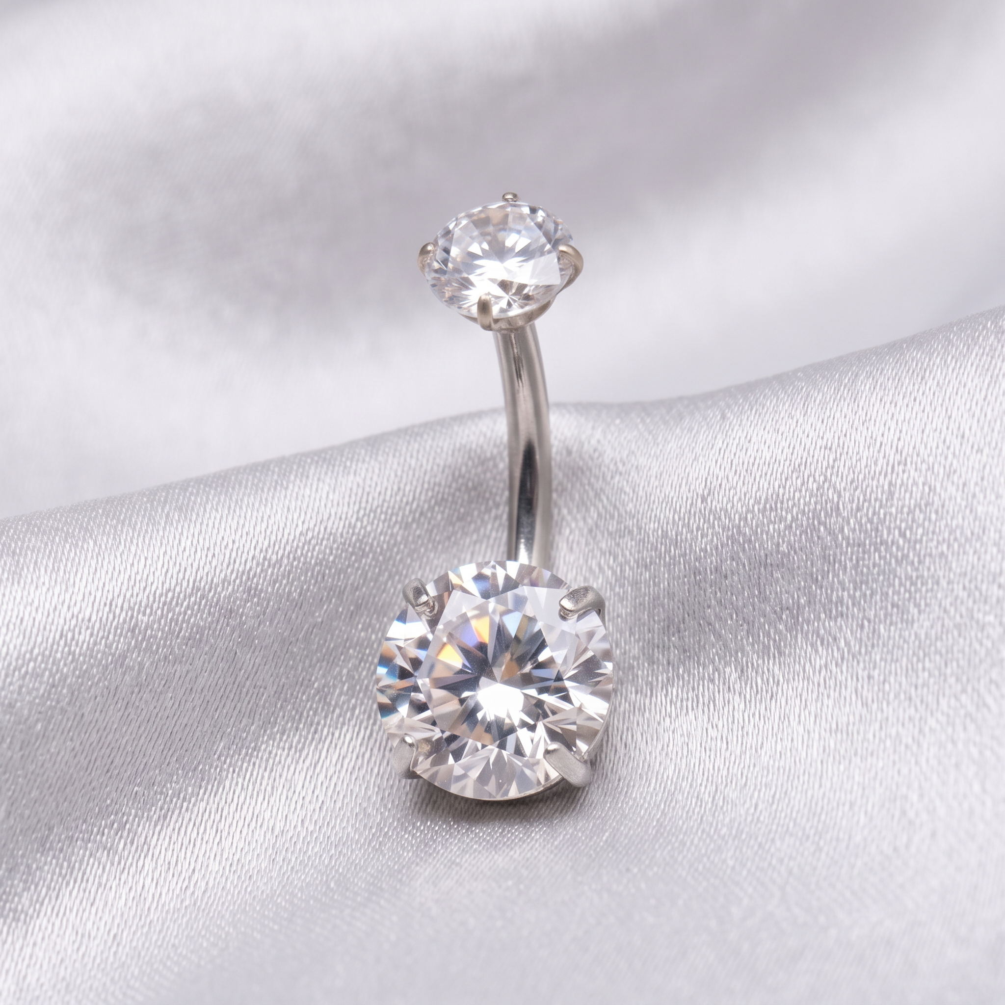 Prong-Set Gem belly button ring in silver crystal on champagne satin — G23 titanium 14G