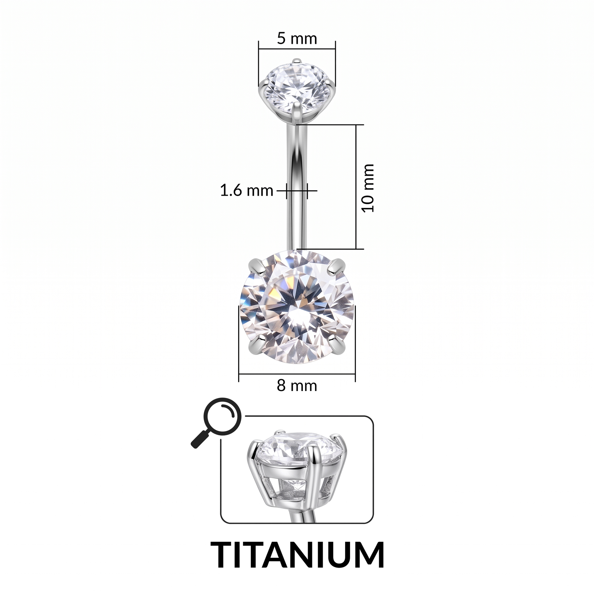 Prong-Set Gem belly button ring size chart — silver crystal, 14G 1.6 mm titanium
