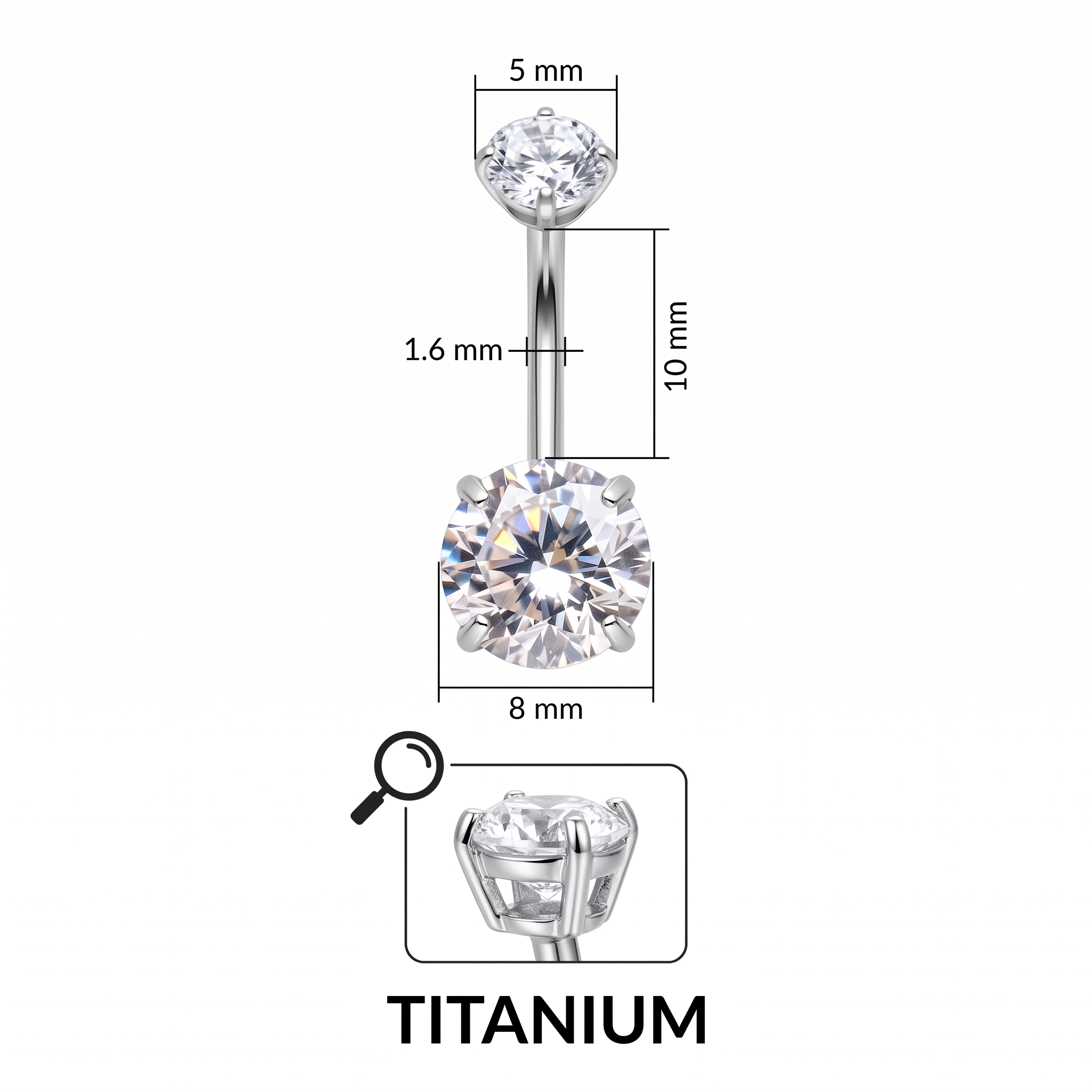 Prong-Set Gem belly button ring size chart — silver crystal, 14G 1.6 mm titanium