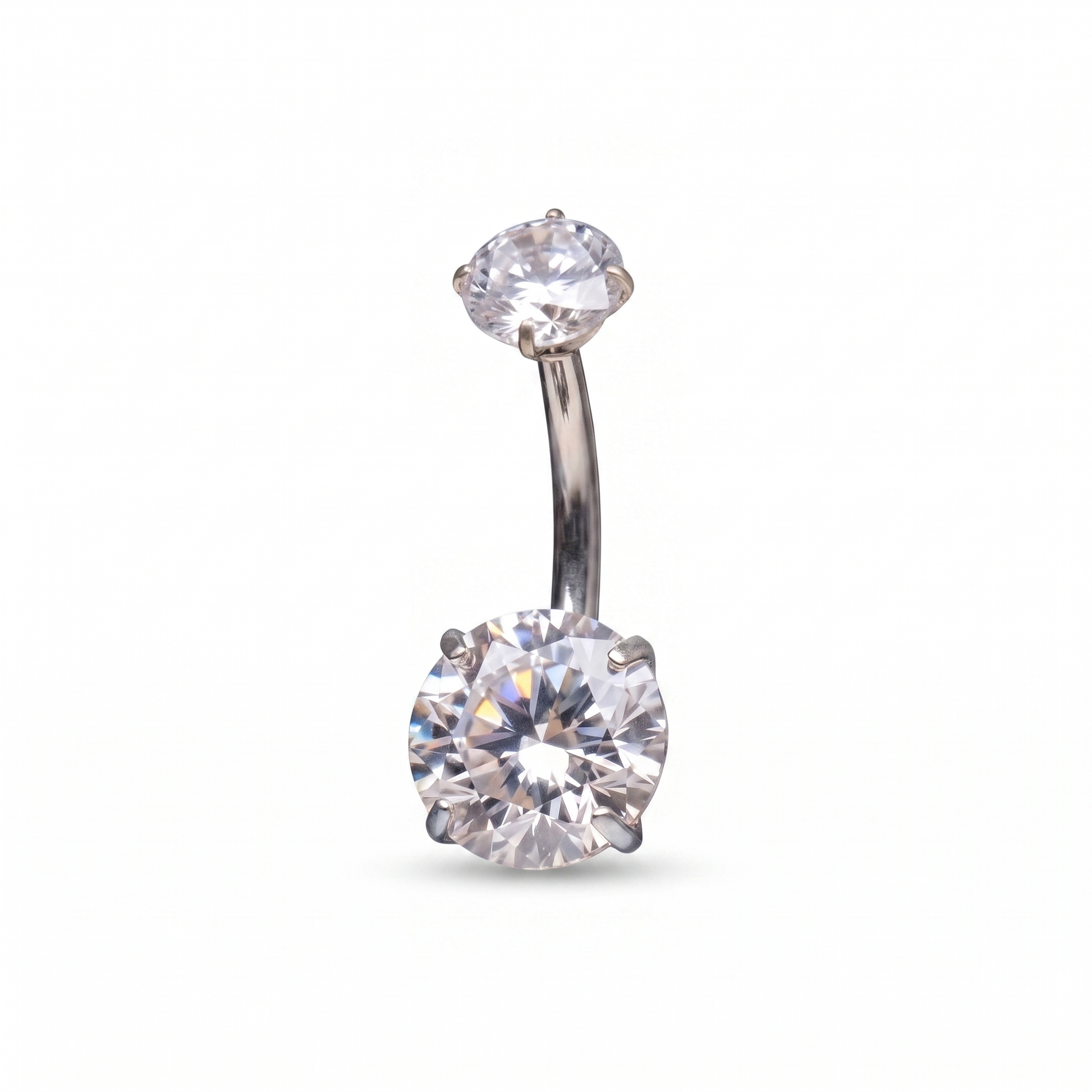 Prong-Set Gem belly button ring in silver crystal — white background packshot, G23 titanium 14G