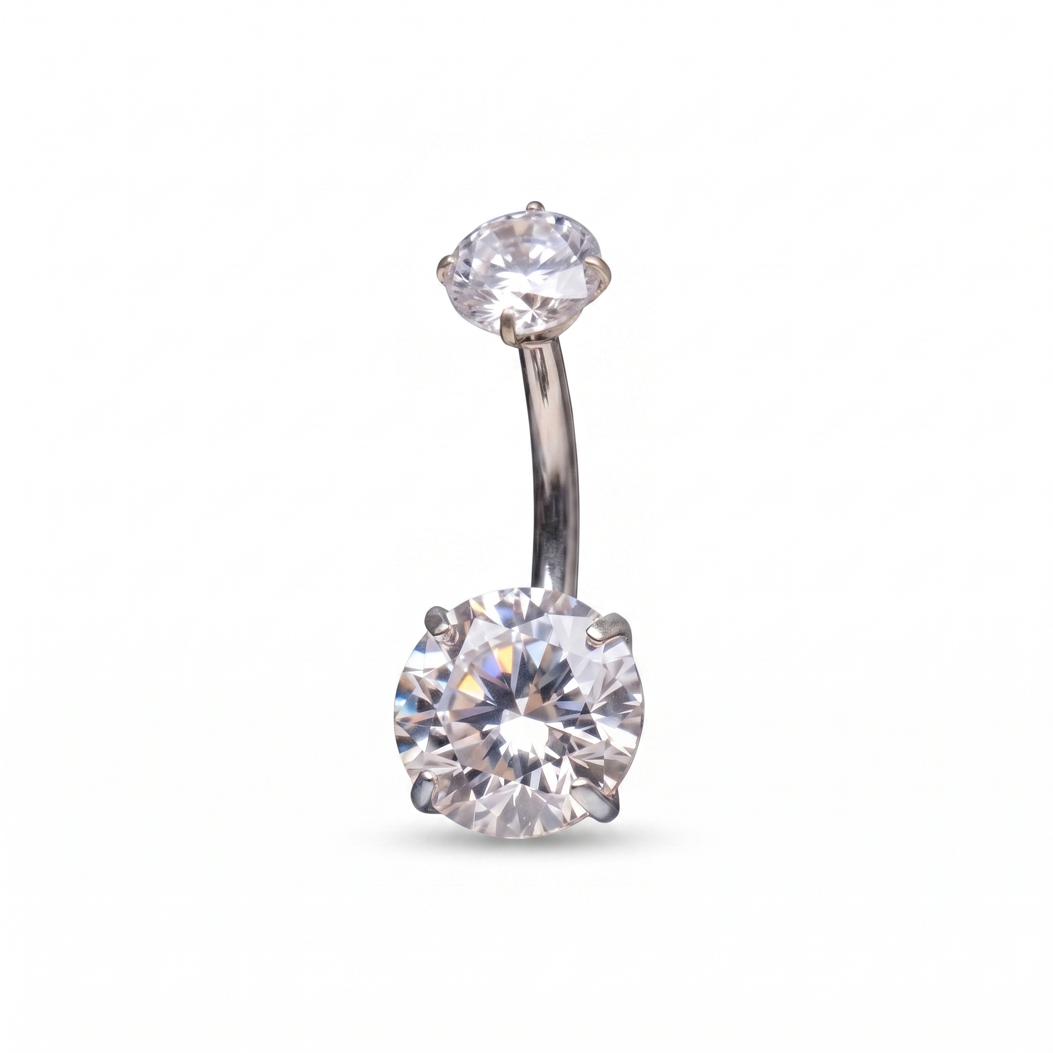 Prong-Set Gem belly button ring in silver crystal — white background packshot, G23 titanium 14G
