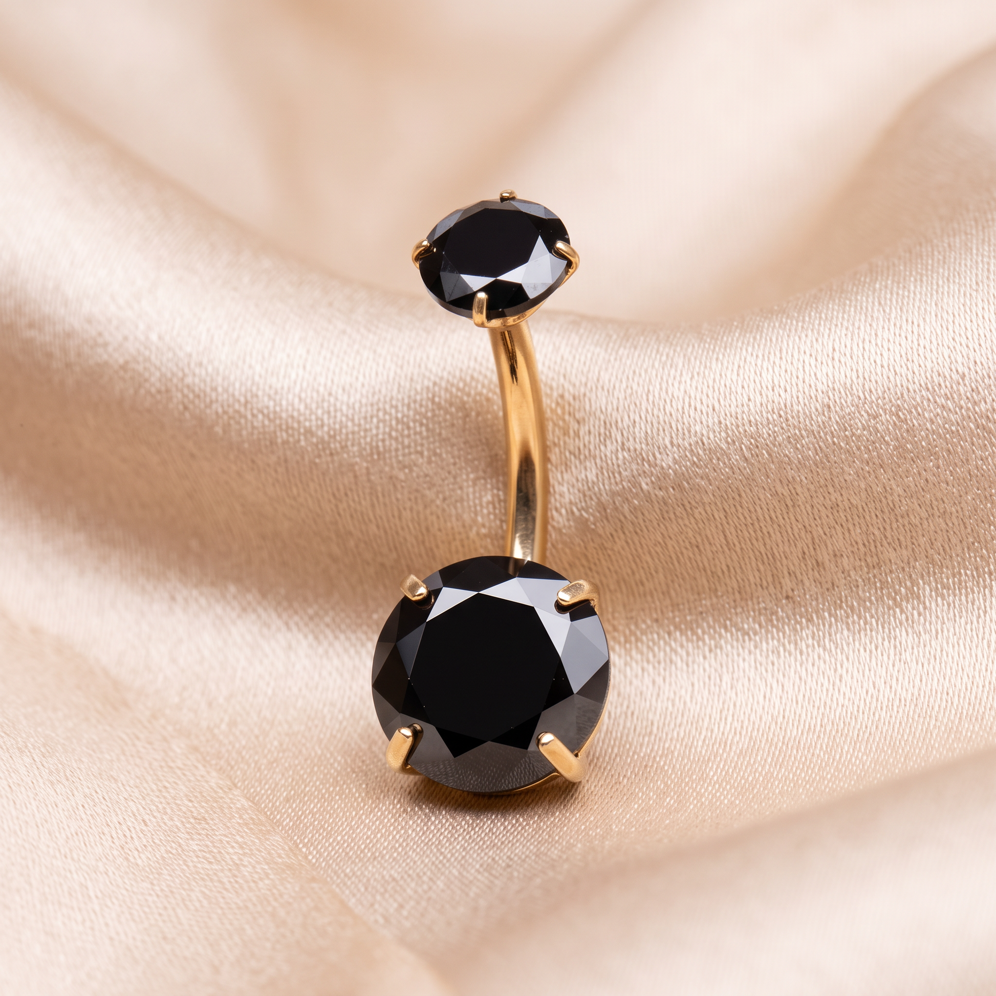 Prong-Set Gem belly button ring in black gem on champagne satin — G23 titanium 14G