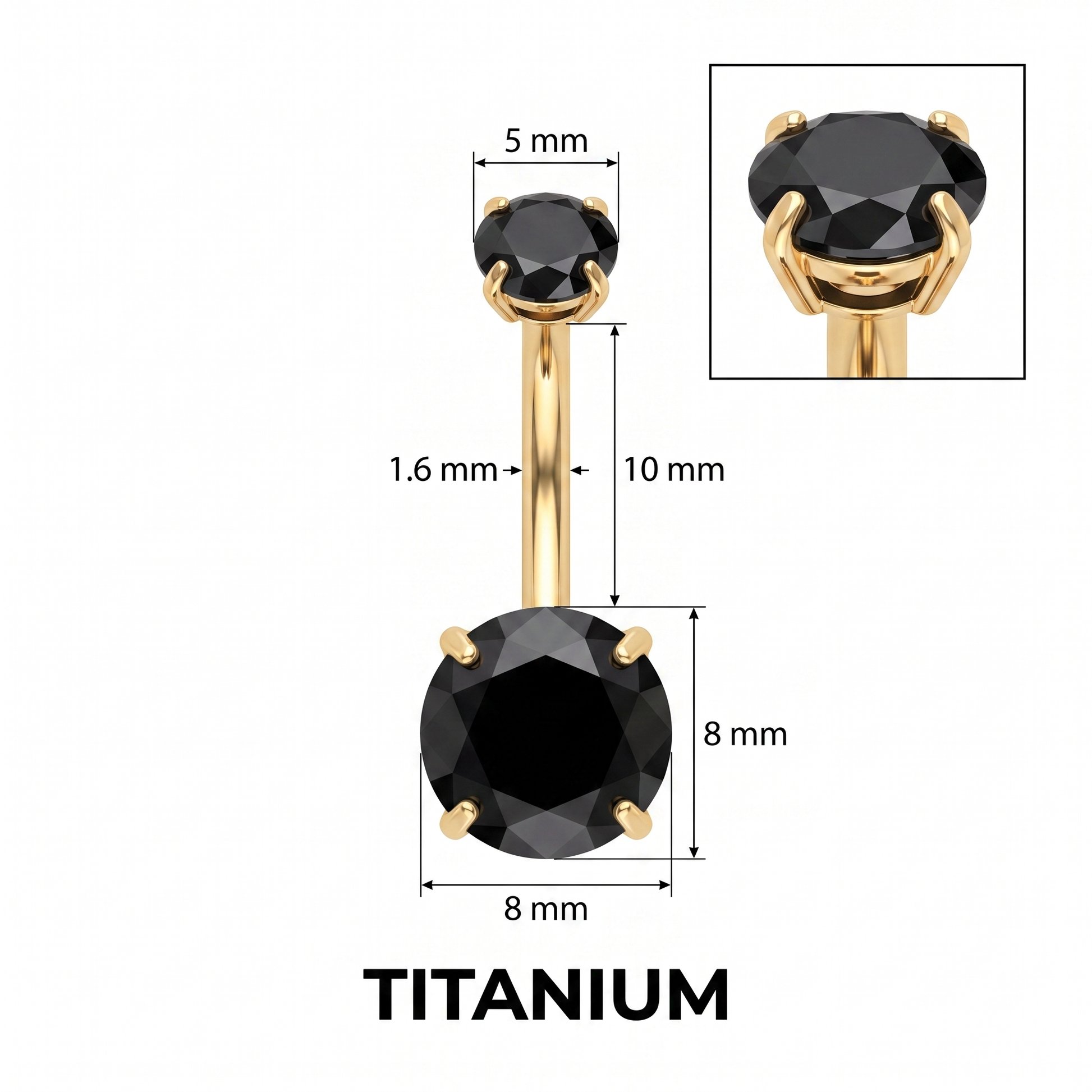 Prong-Set Gem belly button ring size chart — black gem, 14G 1.6 mm titanium