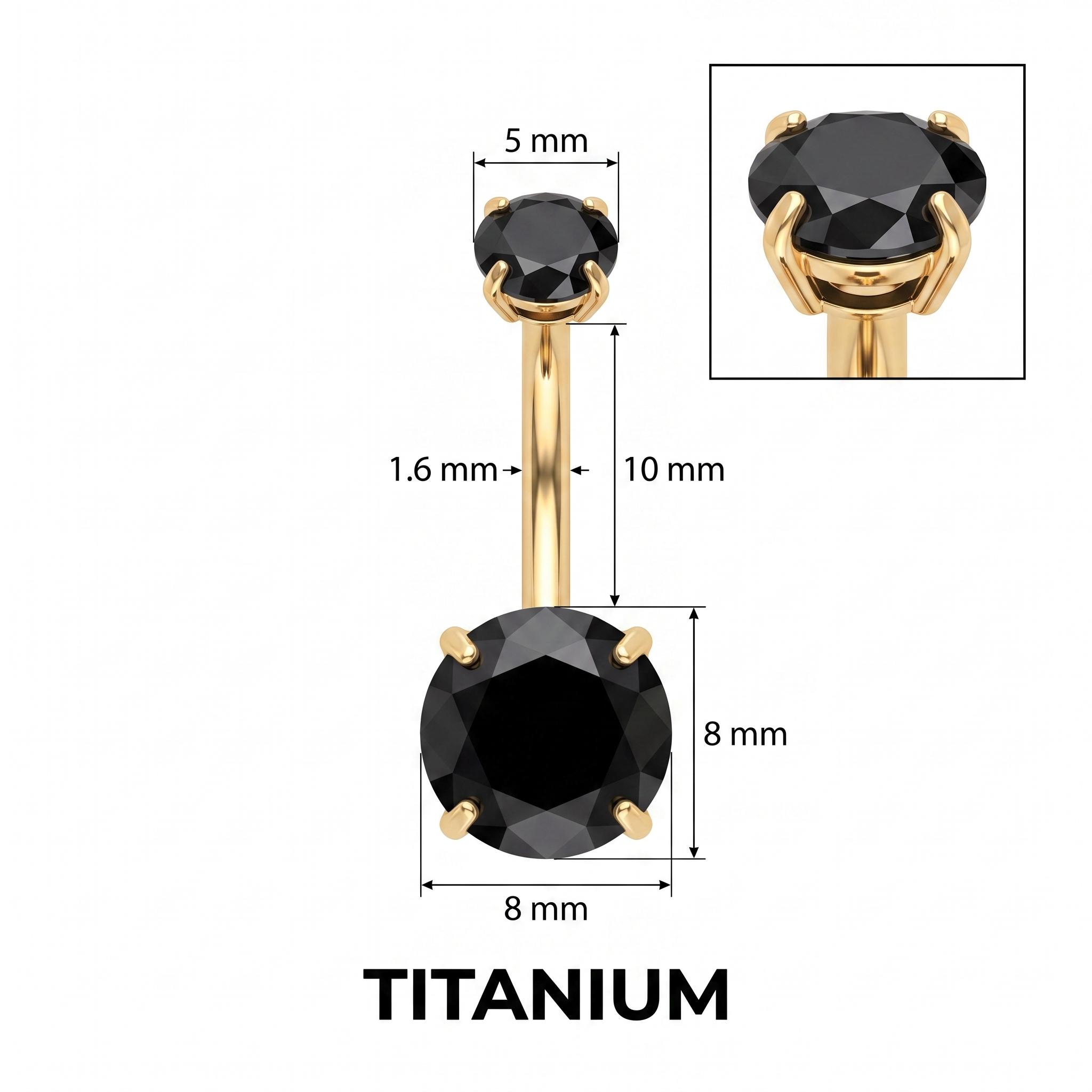 Prong-Set Gem belly button ring size chart — black gem, 14G 1.6 mm titanium