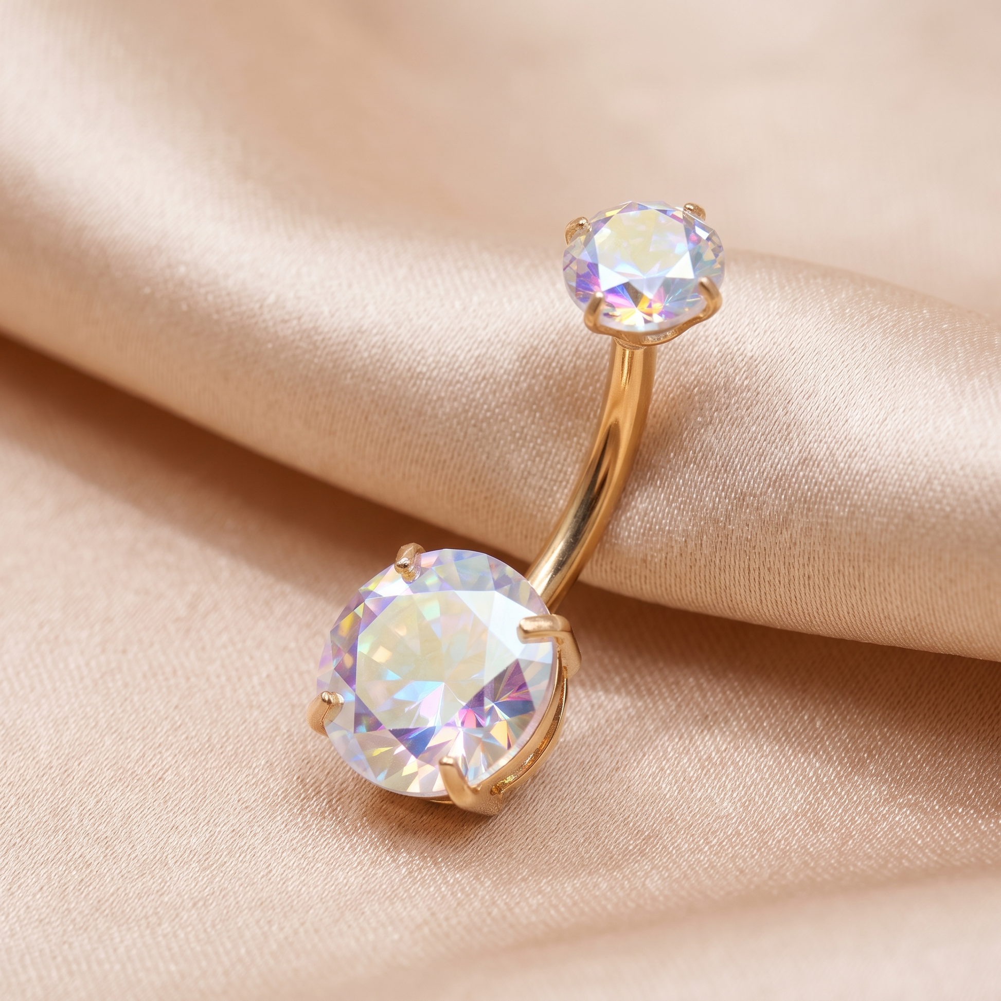 Prong-Set Gem belly button ring in aurora gem on champagne satin — G23 titanium 14G