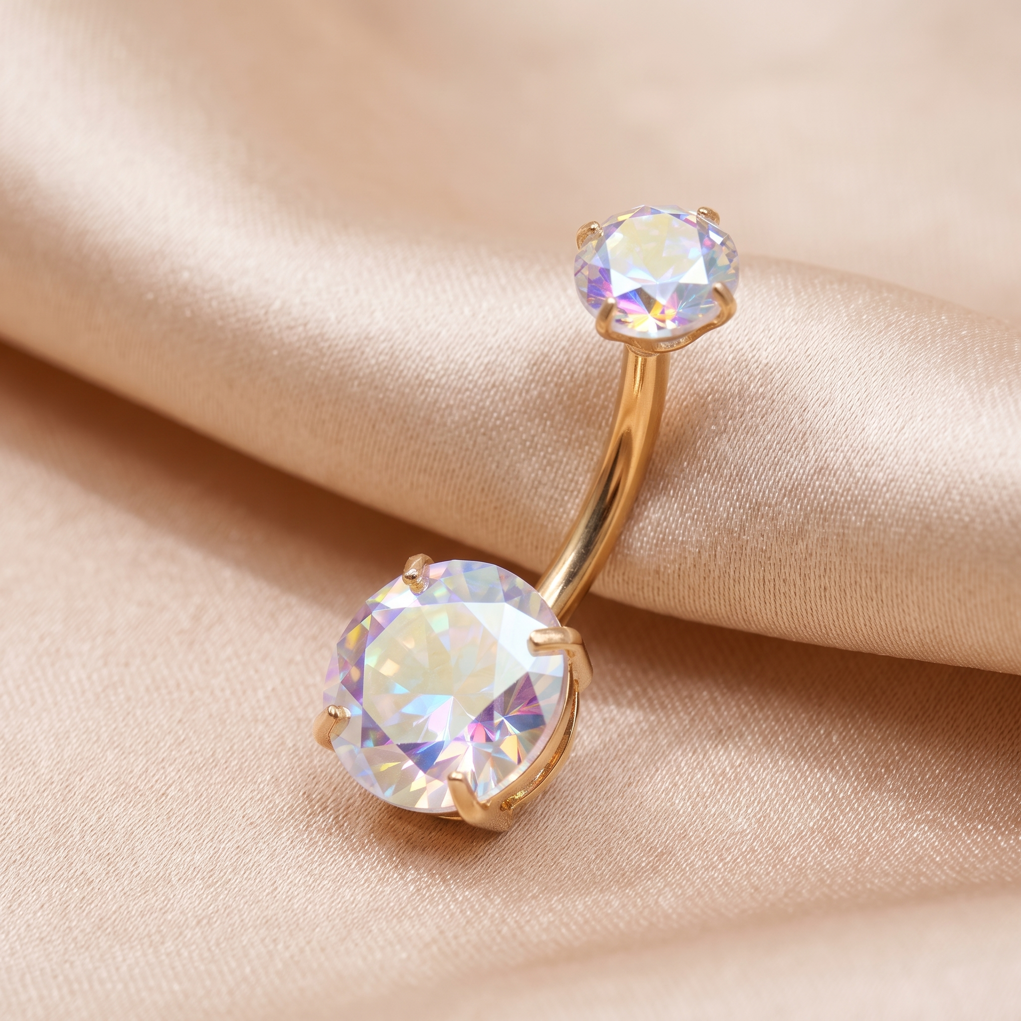 Prong-Set Gem belly button ring in aurora gem on champagne satin — G23 titanium 14G
