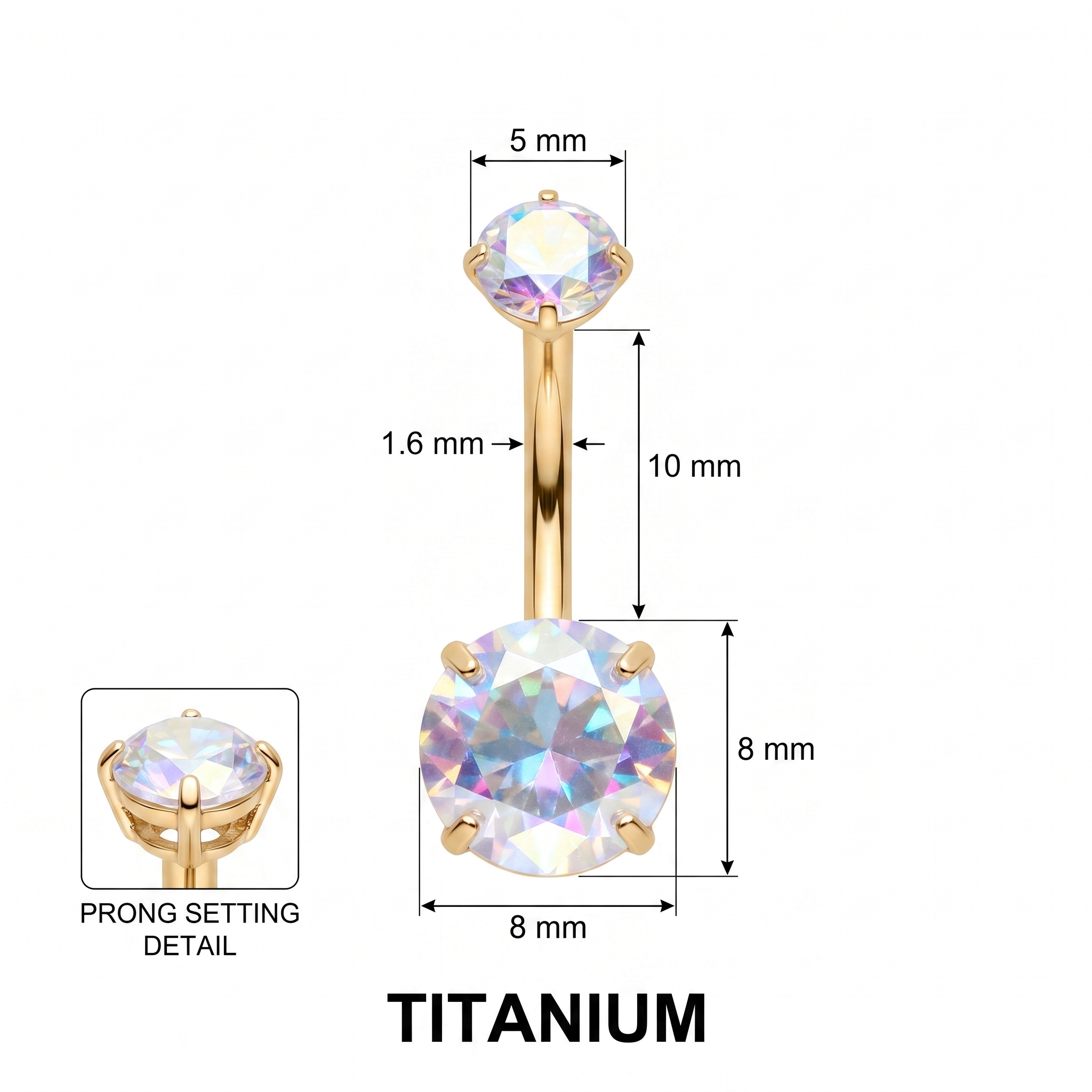 Prong-Set Gem belly button ring size chart — aurora gem, 14G 1.6 mm titanium