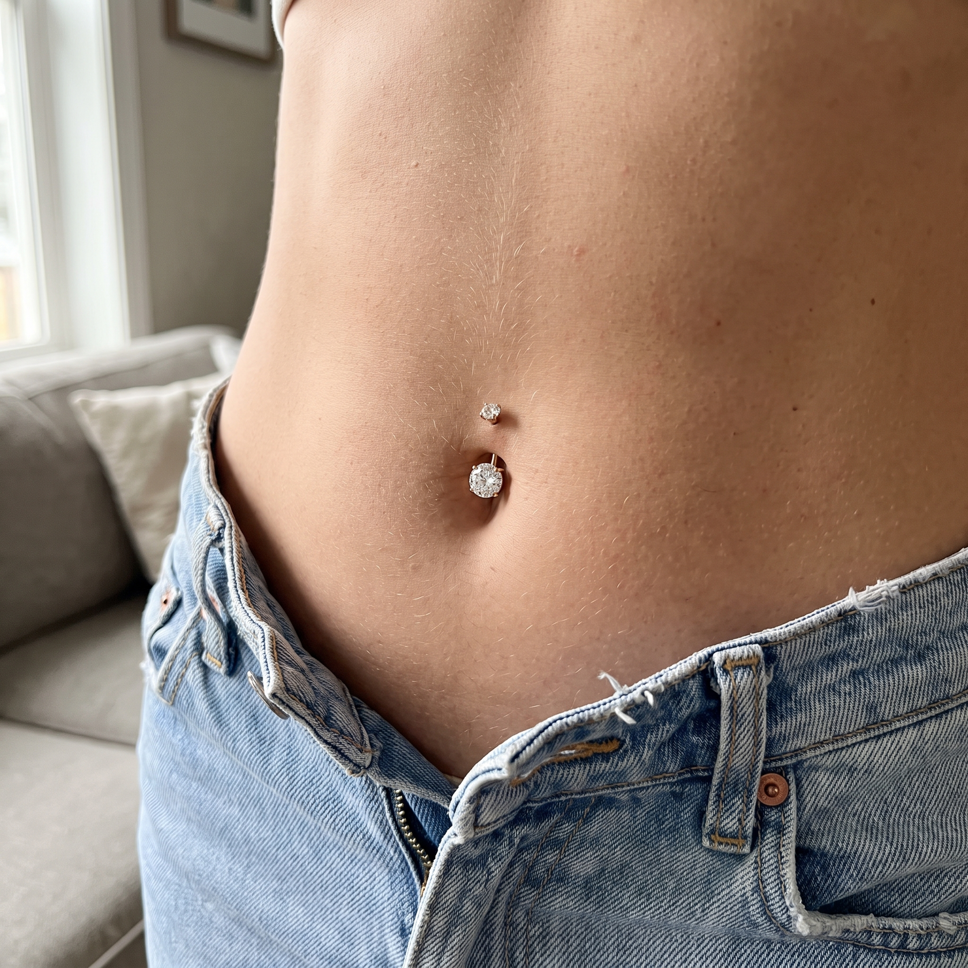 Prong-Set Gem belly button ring in gold crystal worn on model — implant-grade G23 titanium 14G