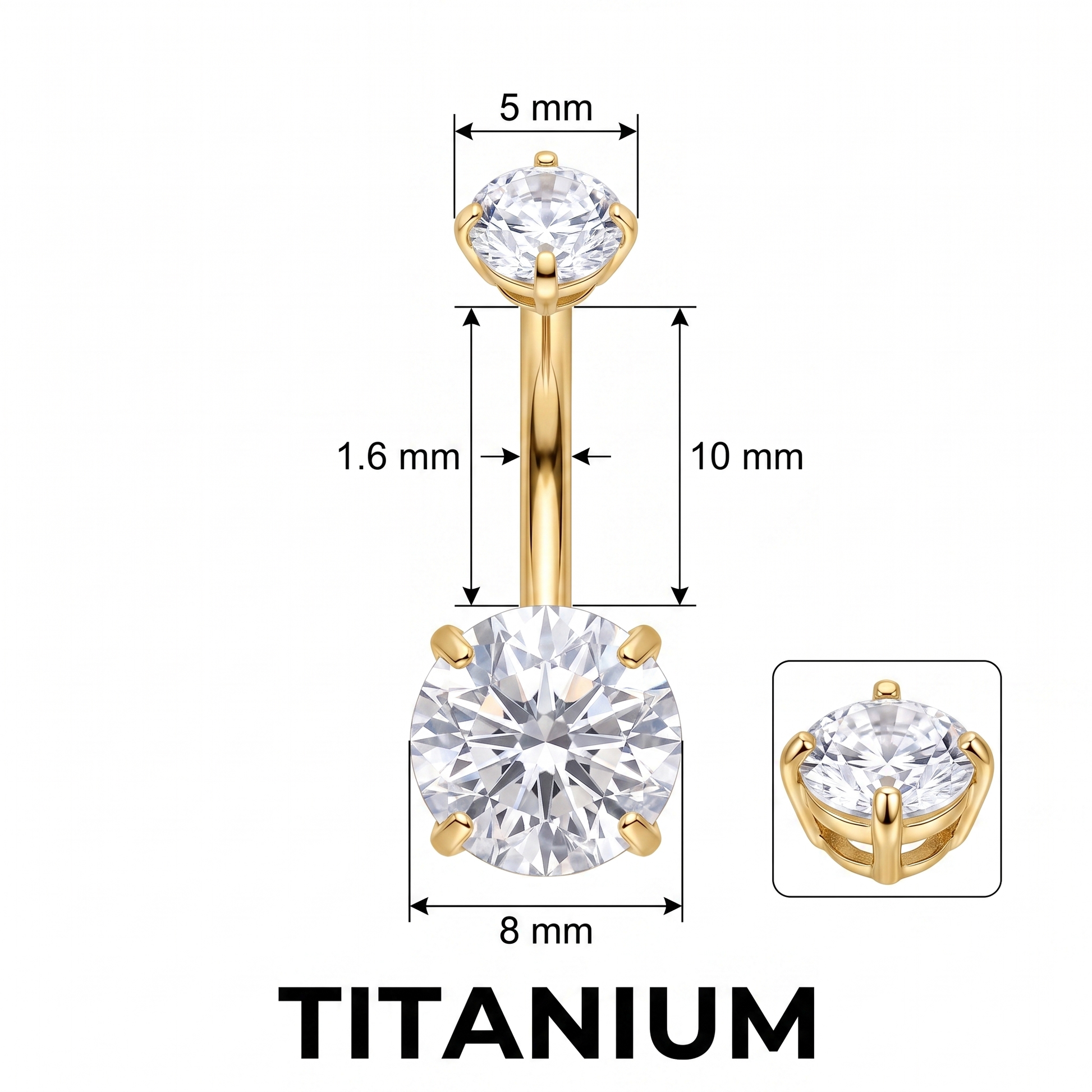 Prong-Set Gem belly button ring size chart — 14G 1.6 mm implant-grade titanium