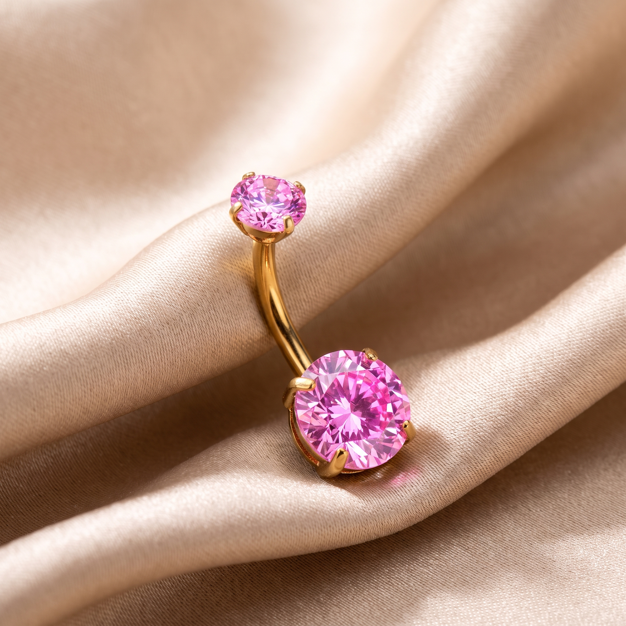Prong-Set Gem belly button ring in pink gem on champagne satin — G23 titanium 14G