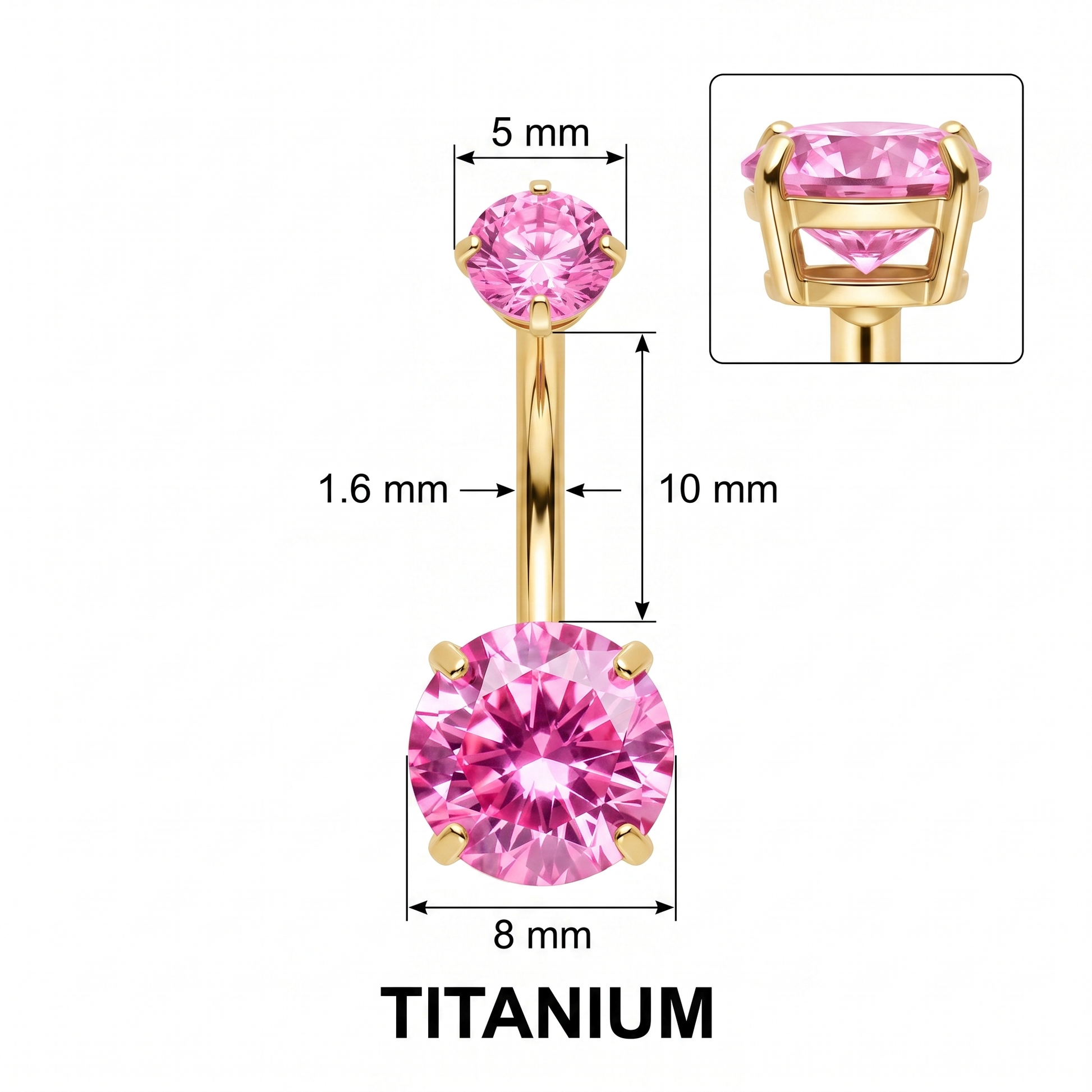 Prong-Set Gem belly button ring size chart — pink gem, 14G 1.6 mm titanium