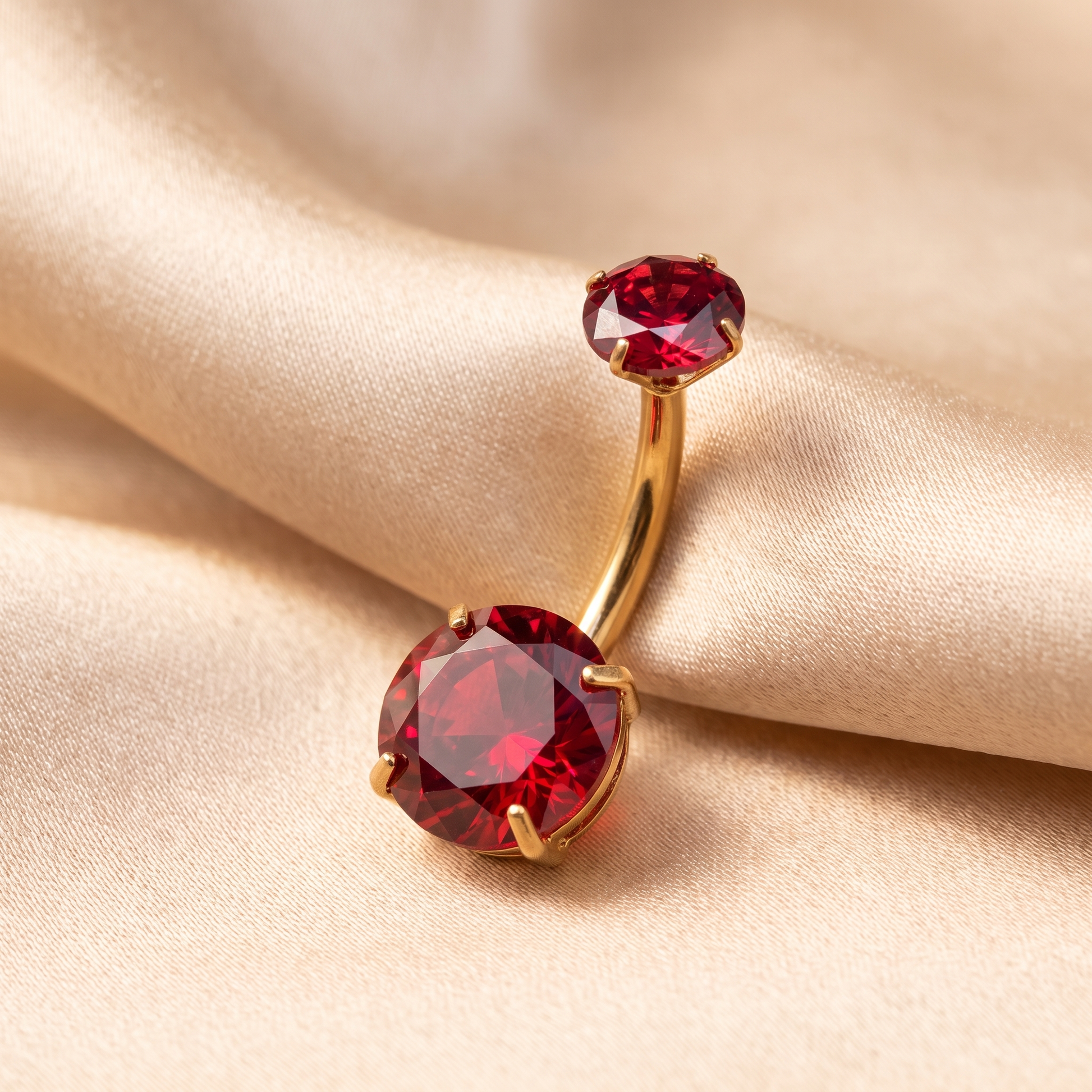 Prong-Set Gem belly button ring in red gem on champagne satin — G23 titanium 14G
