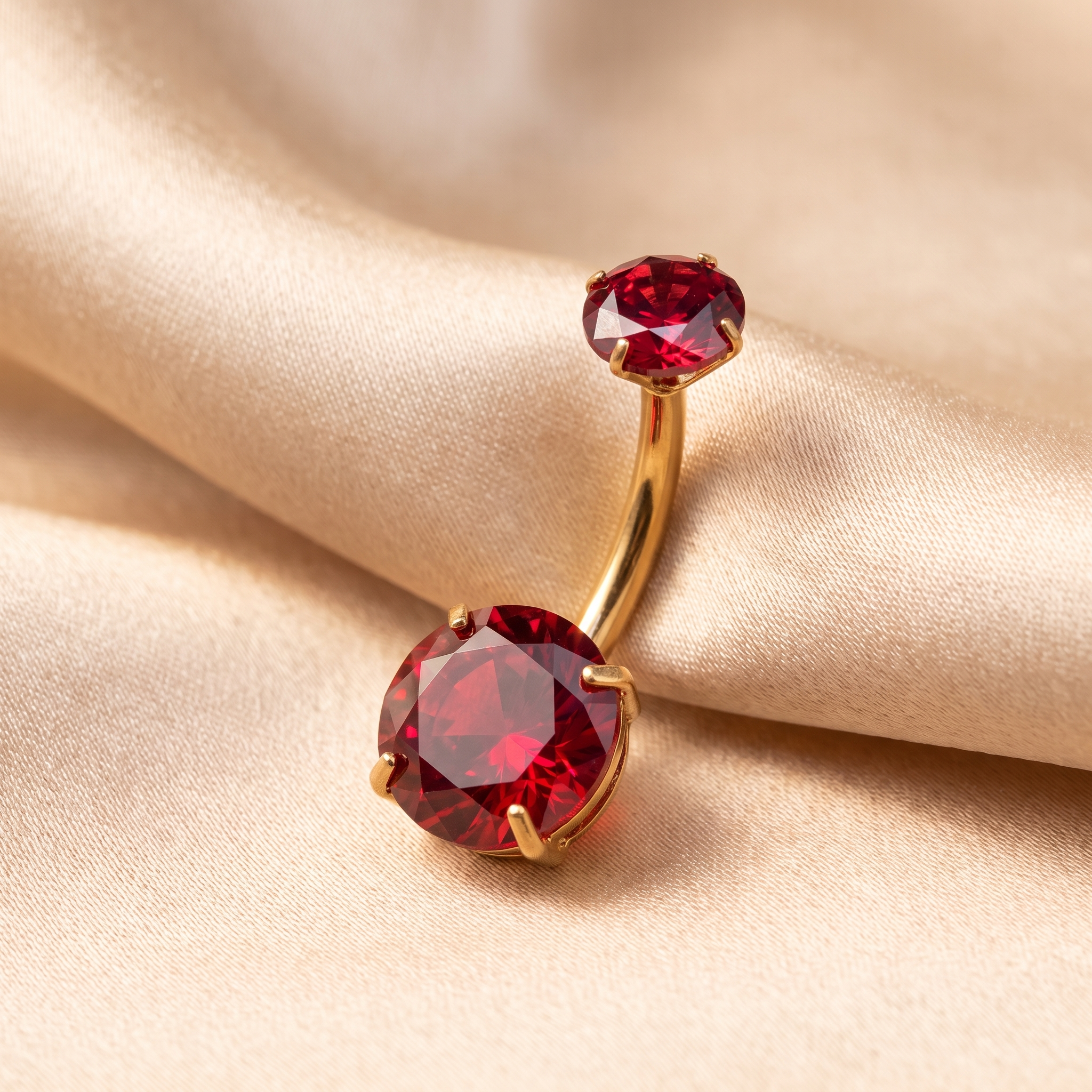 Prong-Set Gem belly button ring in red gem on champagne satin — G23 titanium 14G