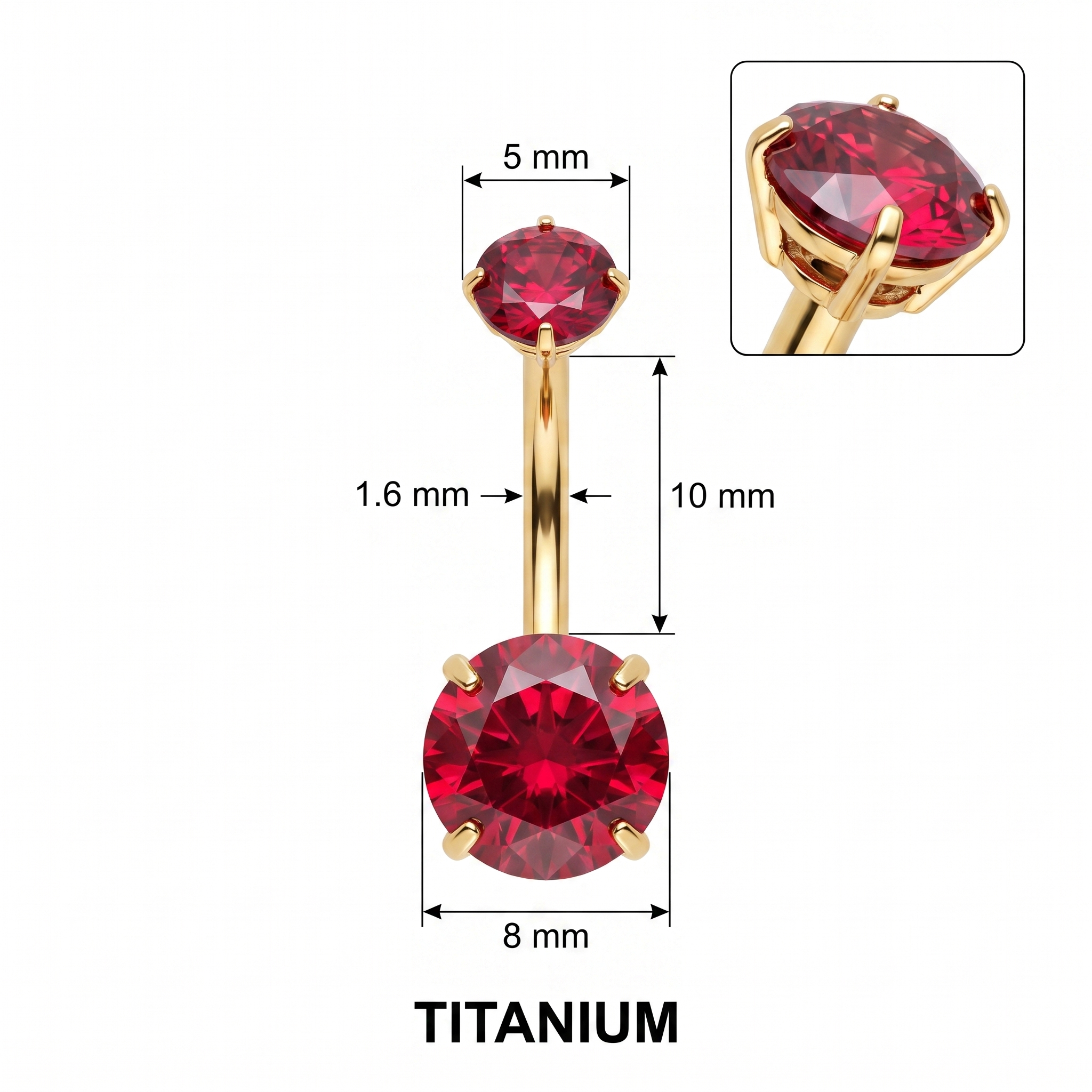 Prong-Set Gem belly button ring size chart — red gem, 14G 1.6 mm titanium