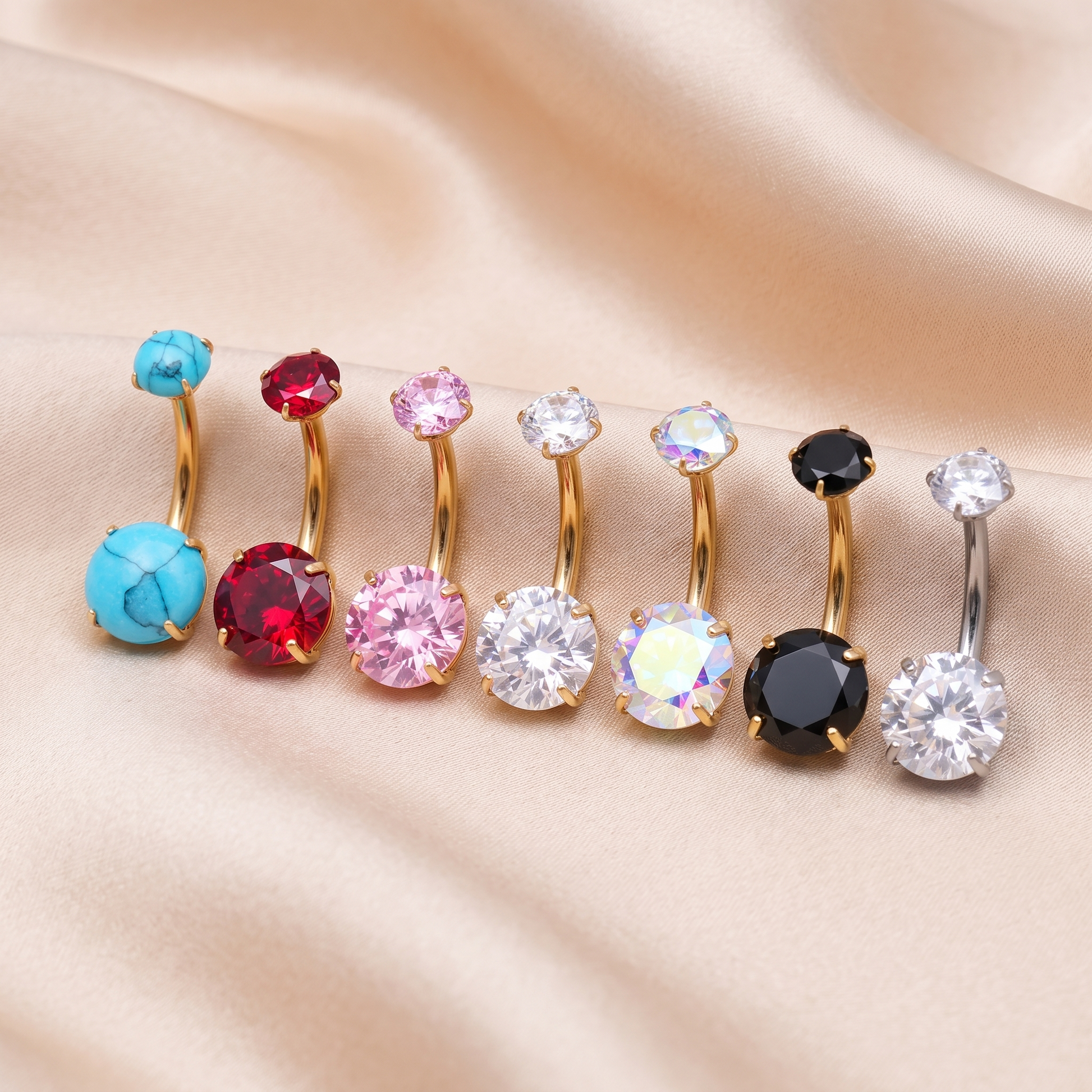 All color options of the Prong-Set Gem belly button ring on satin — G23 titanium 14G