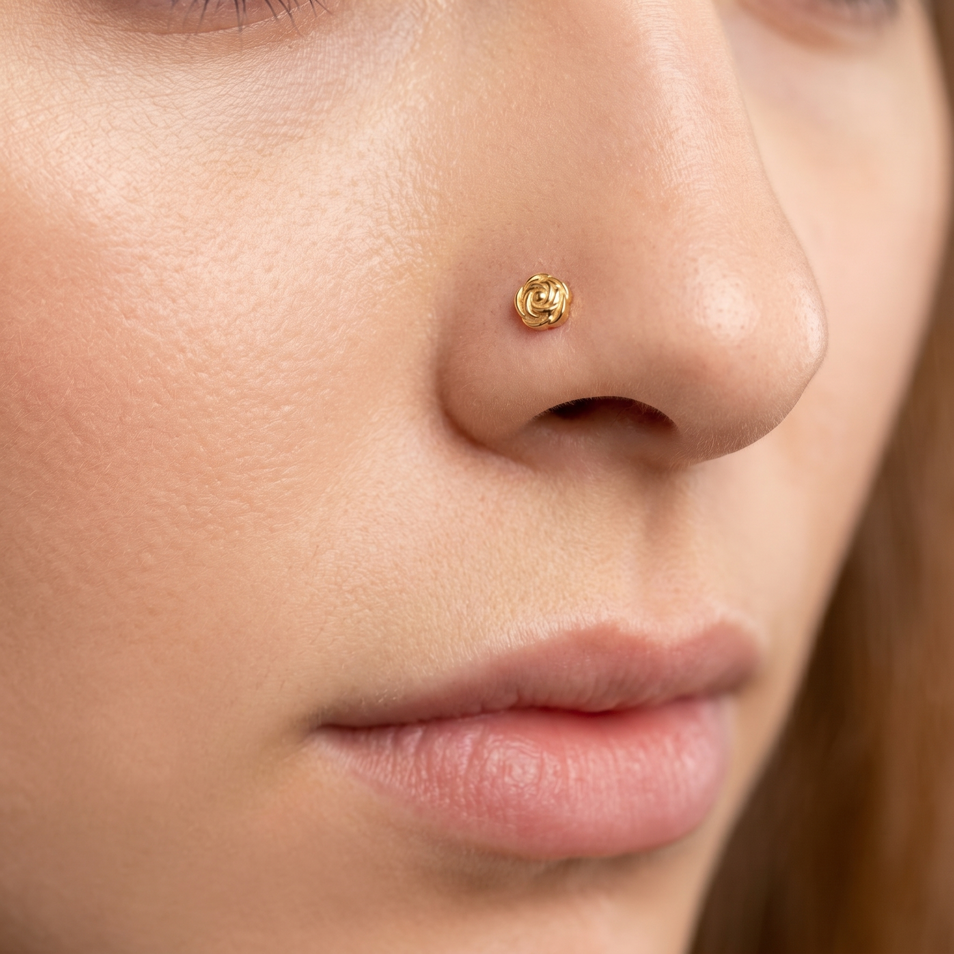 rose nose stud close-up on a model — single nostril nose jewelry
