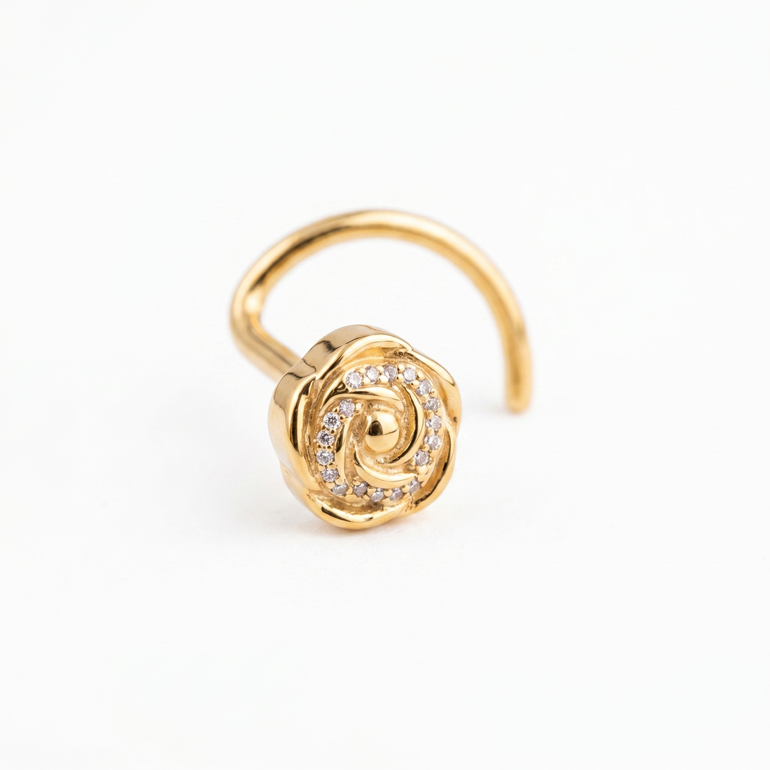 rose nose stud close-up on a model — single nostril nose jewelry
