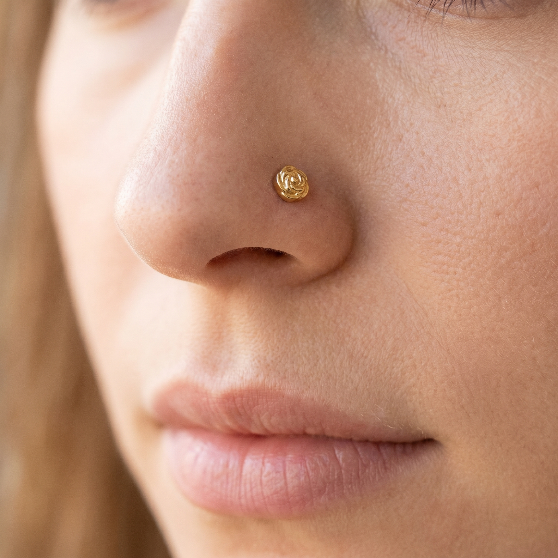 rose nose stud close-up, nickel-free 20G nose jewelry