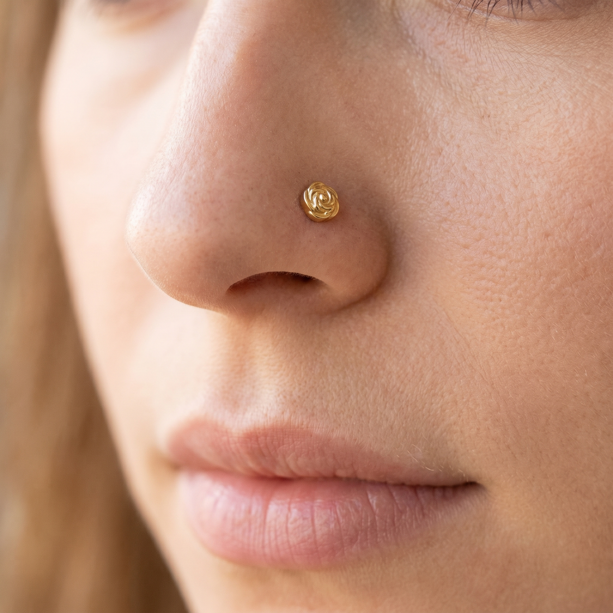 rose nose stud close-up, nickel-free 20G nose jewelry