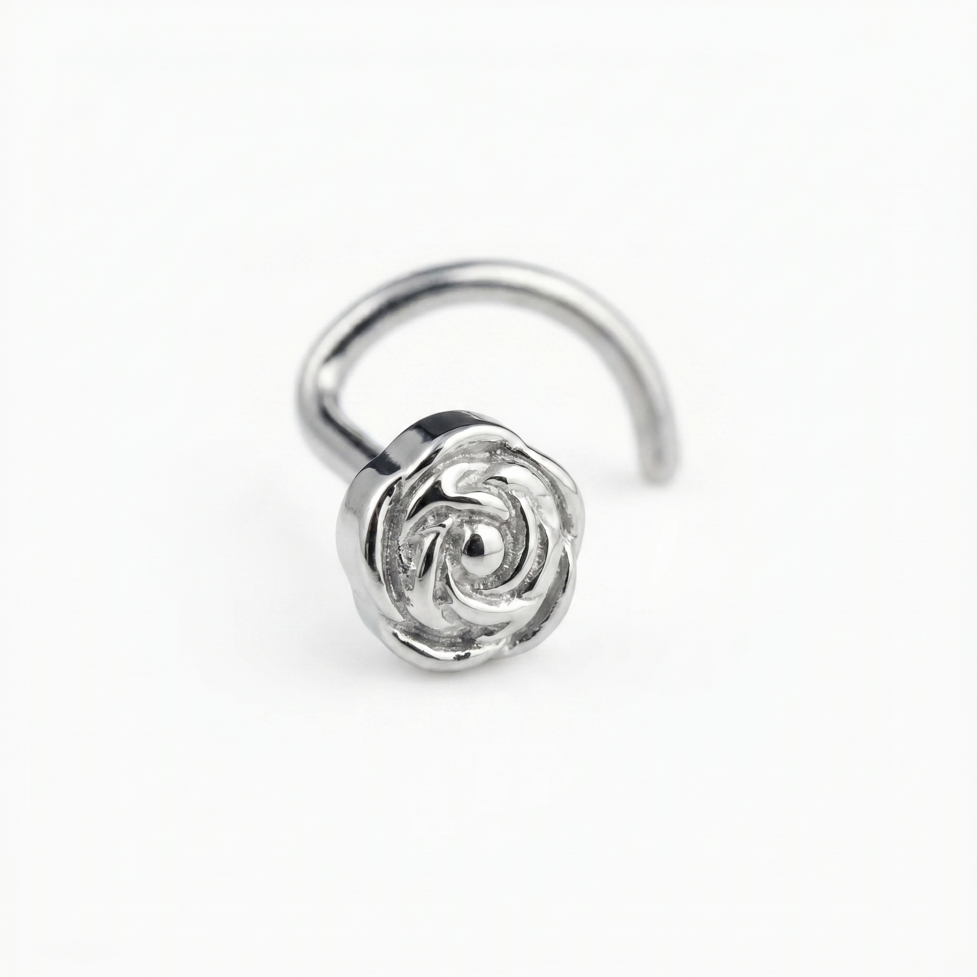 rose nose stud on satin, G23 implant-grade titanium