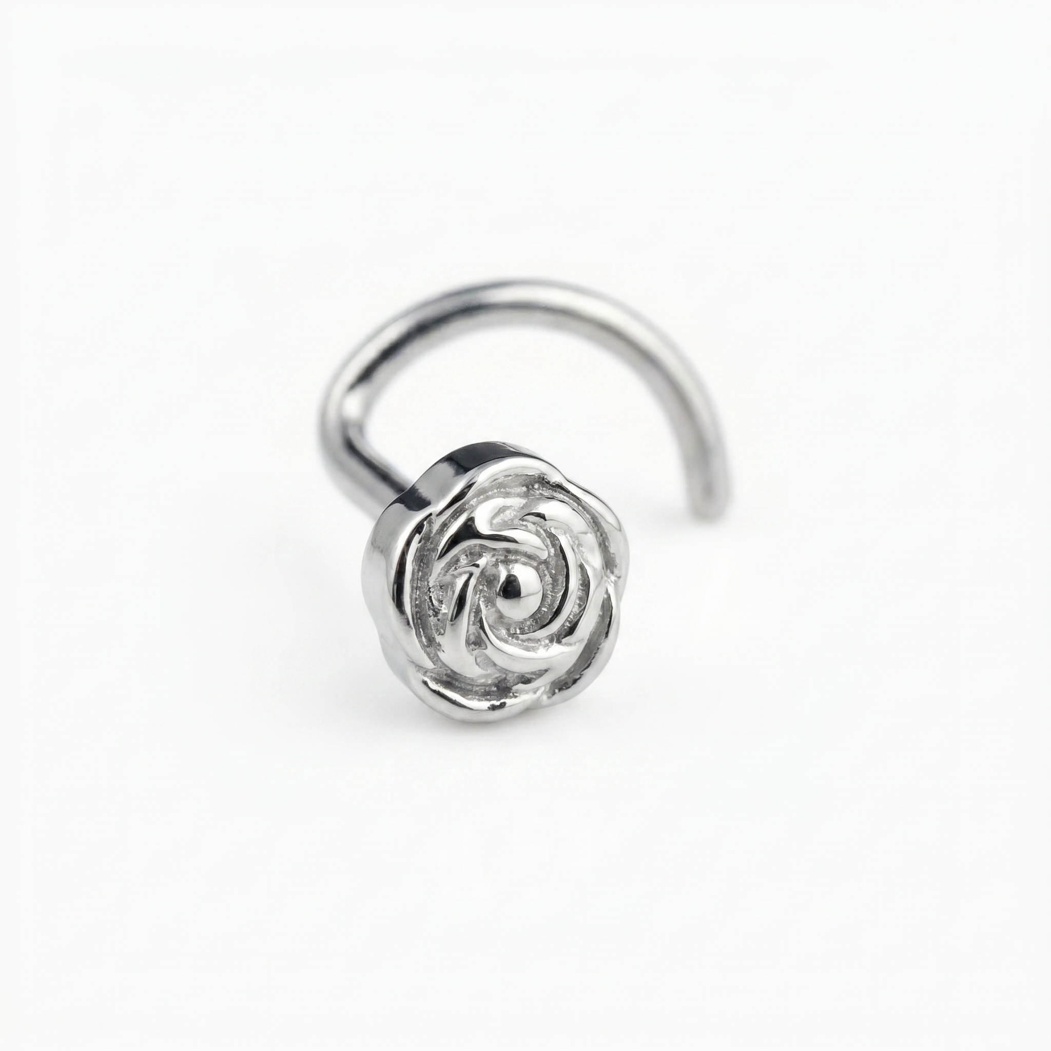rose nose stud on satin, G23 implant-grade titanium