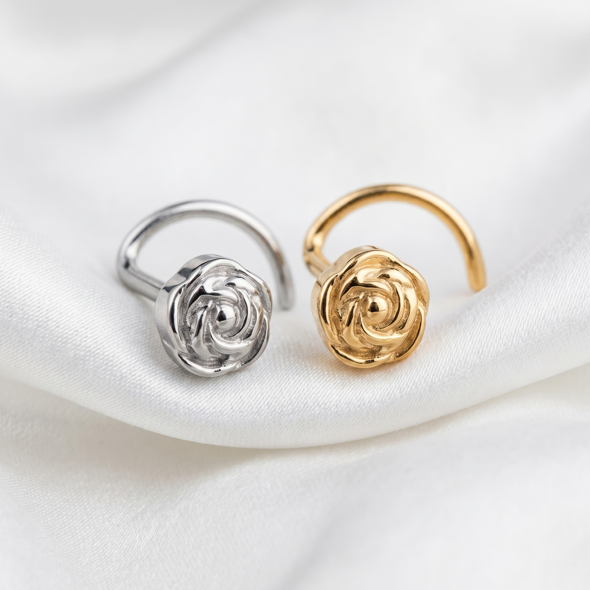 rose nose stud worn on a model, side profile