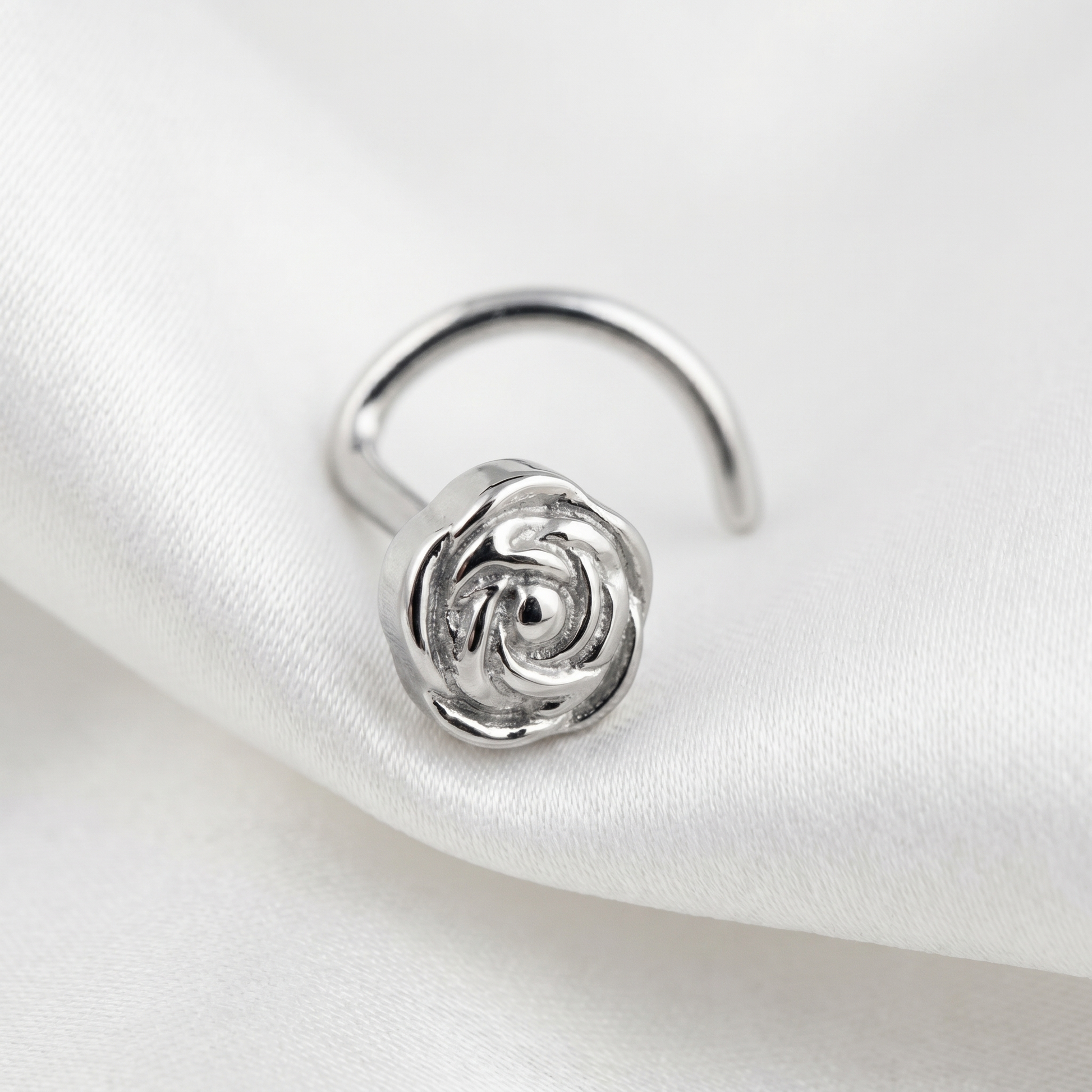 rose nose stud in silver on a white background — G23 titanium 20G