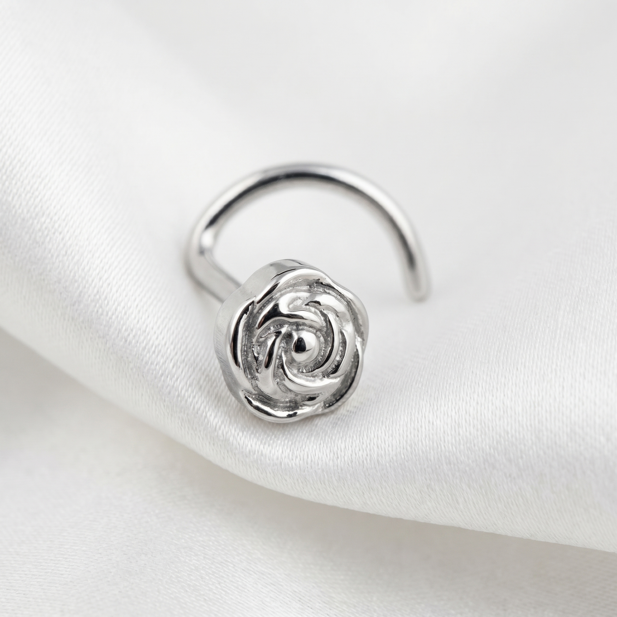 rose nose stud in silver on a white background — G23 titanium 20G