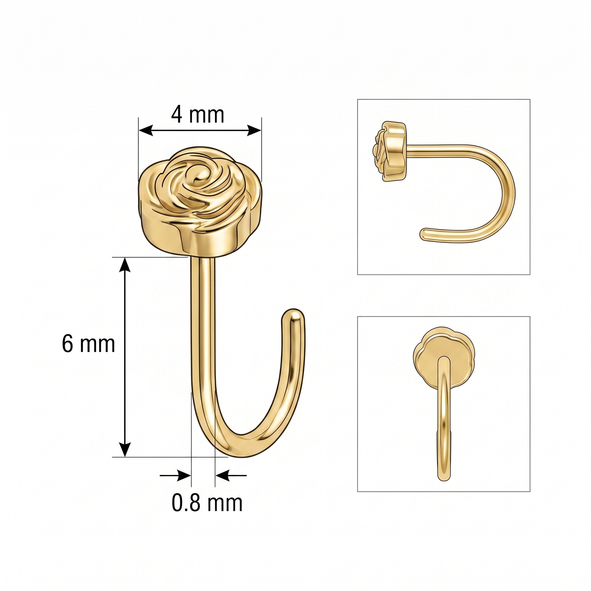 rose nose stud size chart — 0.8 mm 20G, 6 mm length, G23 titanium